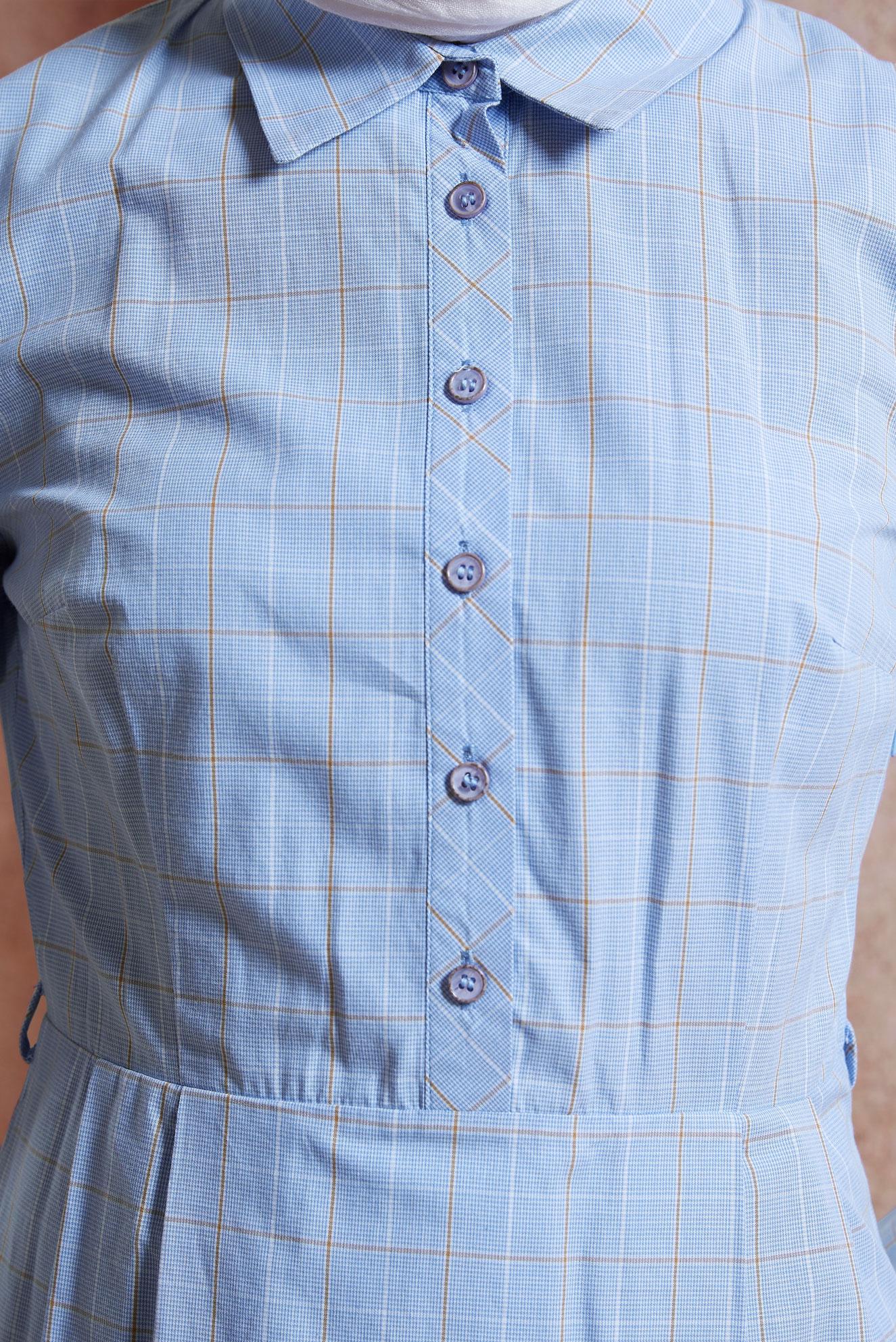 Tesettür giyim MAVİ KARE DESENLİ PAMUKLU ELBİSE 4993