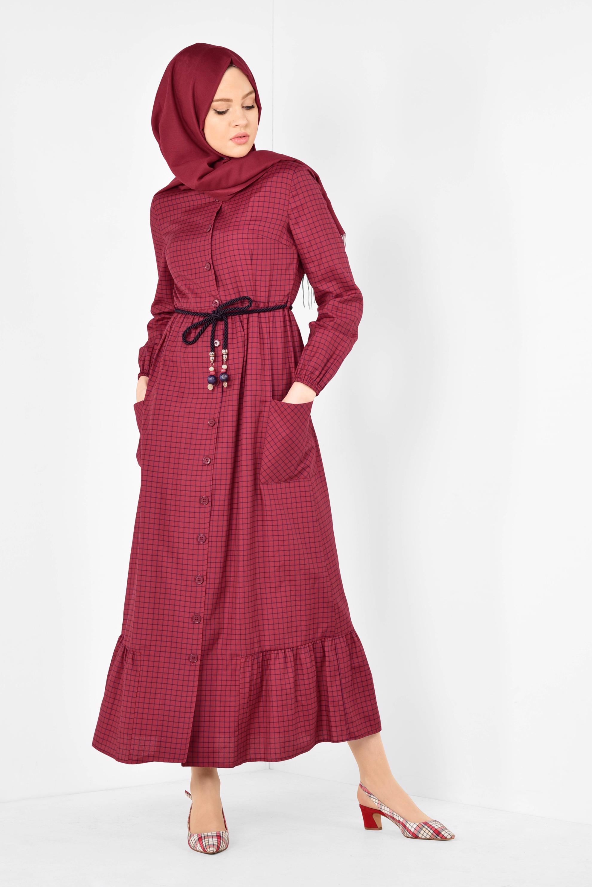Tesettür giyim BORDO ETEK UCU FIRFIRLI PÖTİKARE ELBİSE 4995 