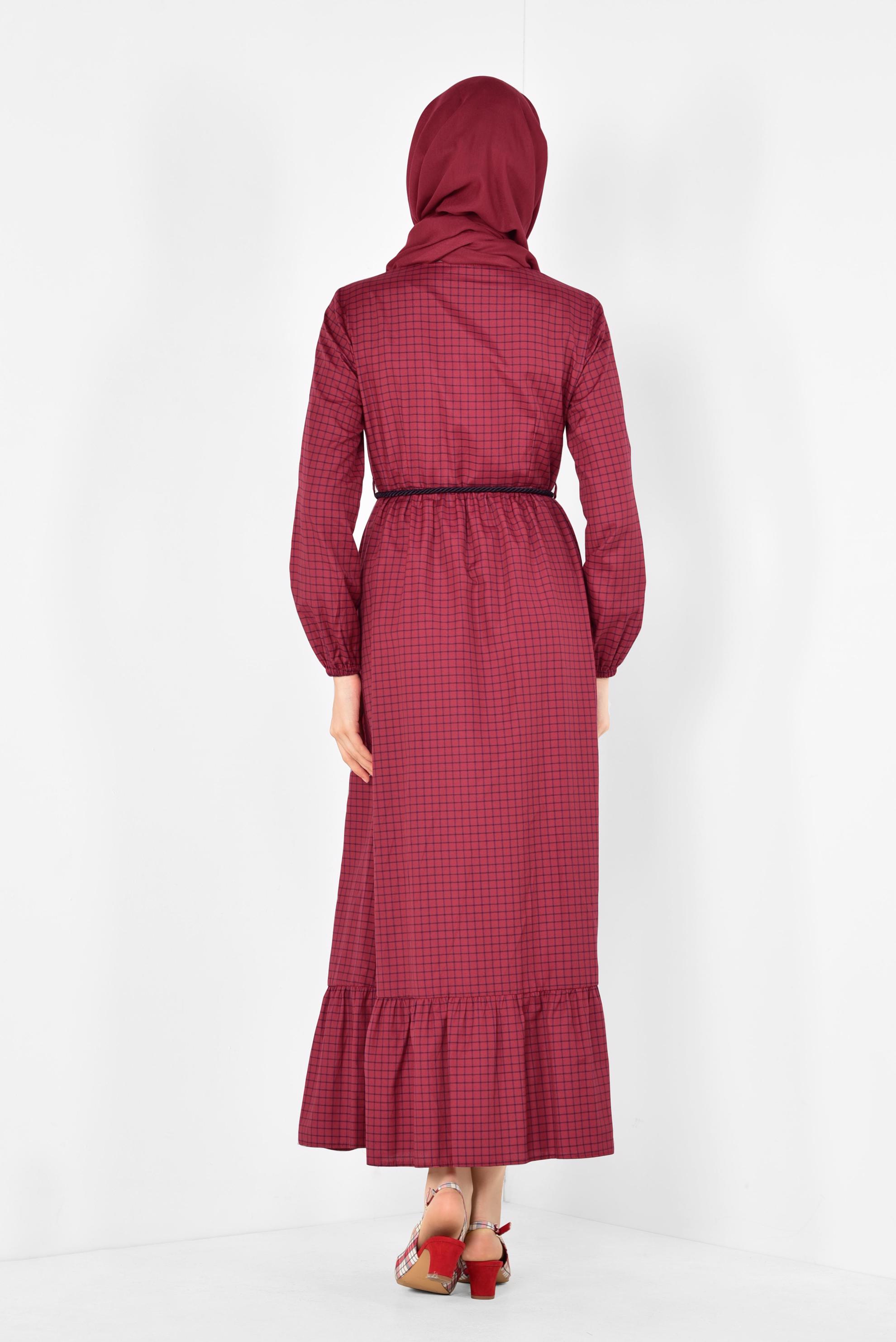Tesettür giyim BORDO ETEK UCU FIRFIRLI PÖTİKARE ELBİSE 4995 