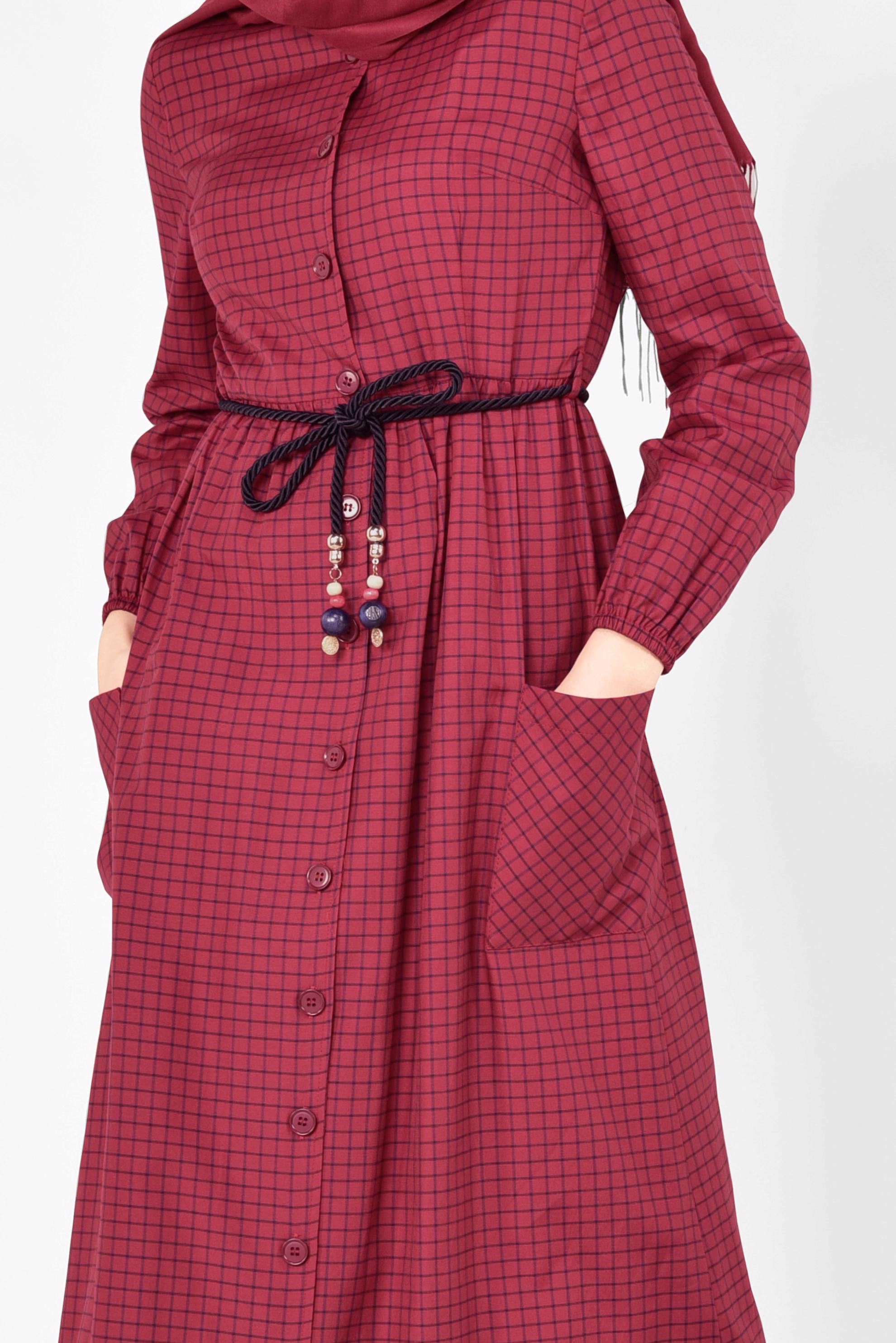 Tesettür giyim BORDO ETEK UCU FIRFIRLI PÖTİKARE ELBİSE 4995 