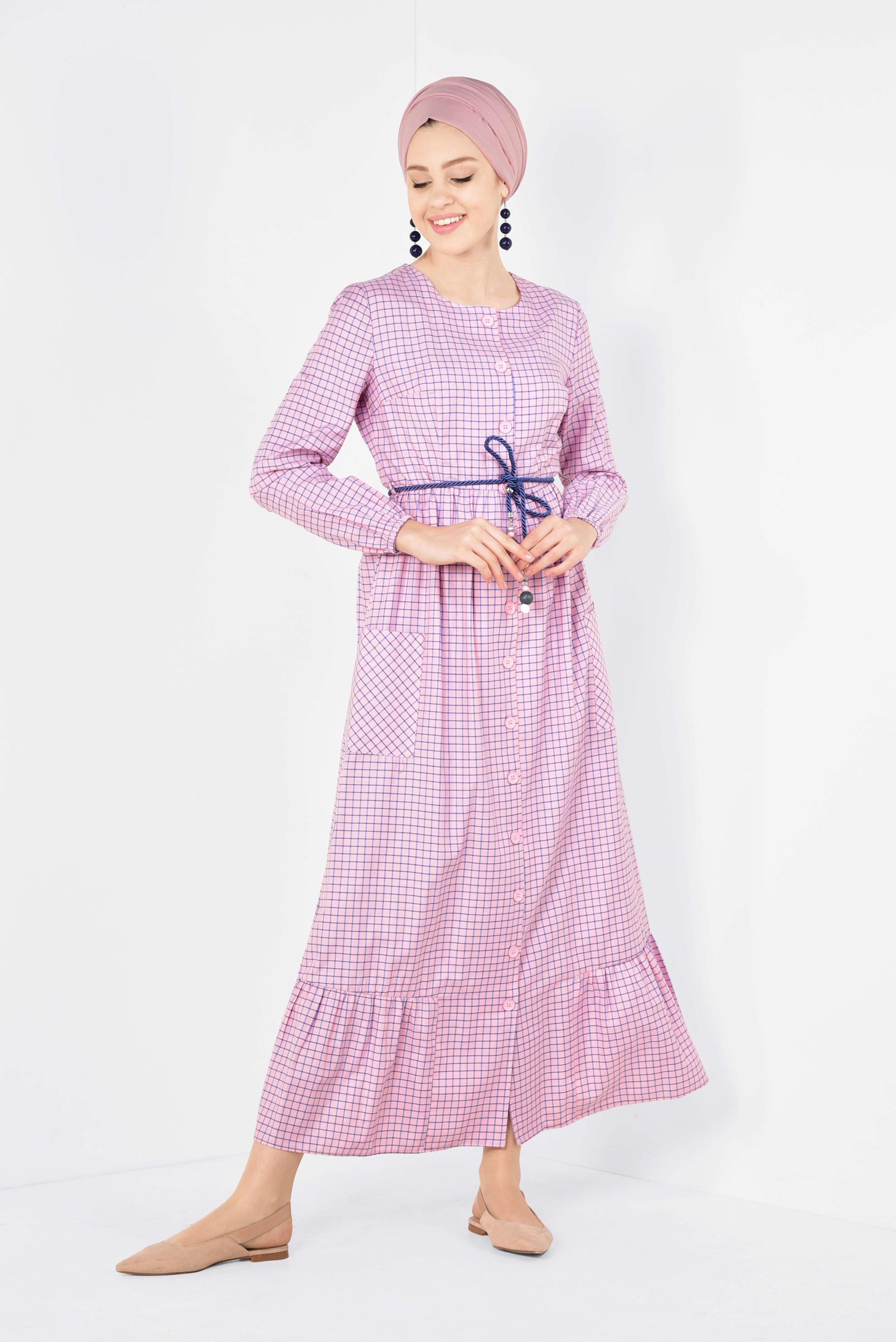 Tesettür giyim PEMBE ETEK UCU FIRFIRLI PÖTİKARE ELBİSE 4995 