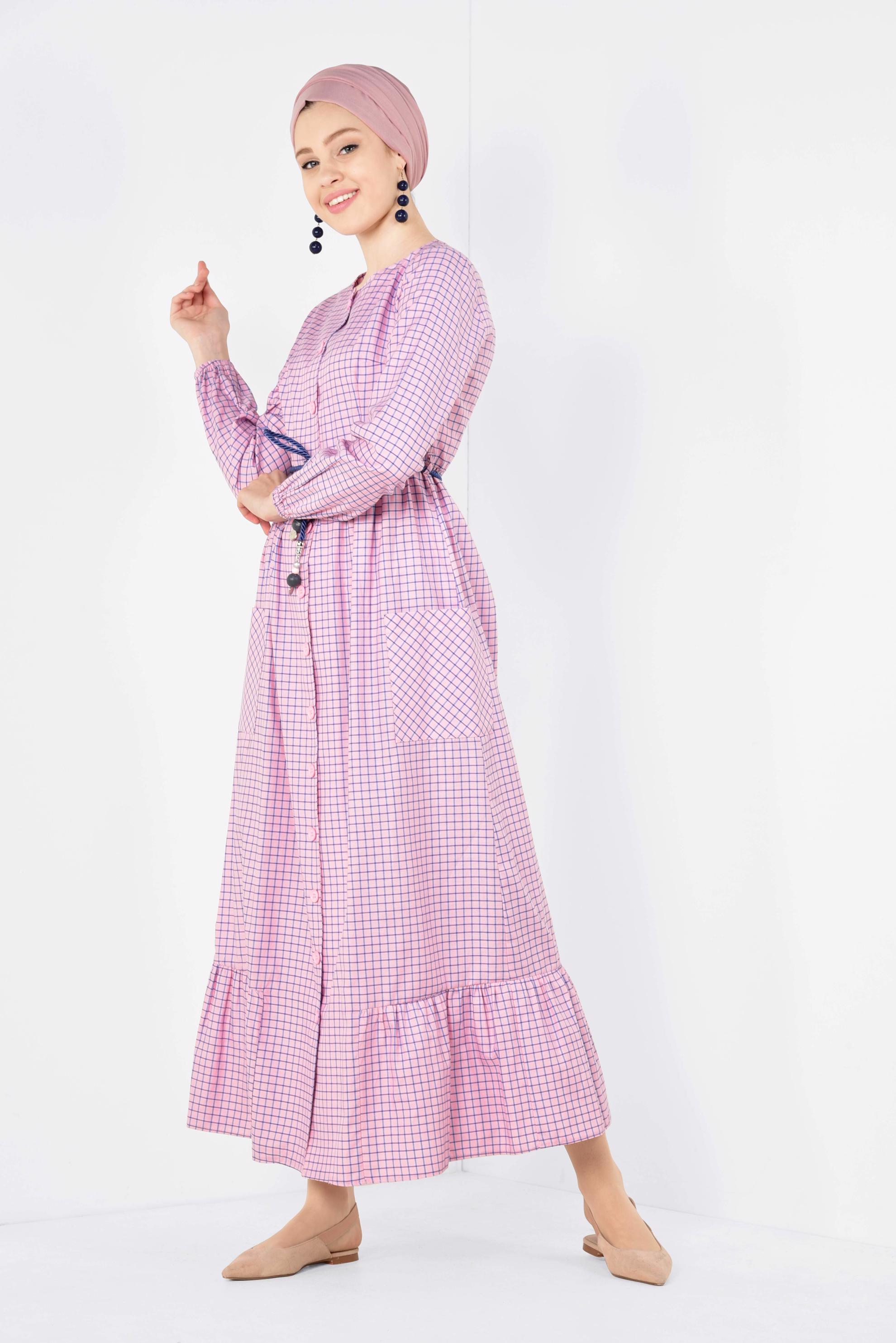 Tesettür giyim PEMBE ETEK UCU FIRFIRLI PÖTİKARE ELBİSE 4995 