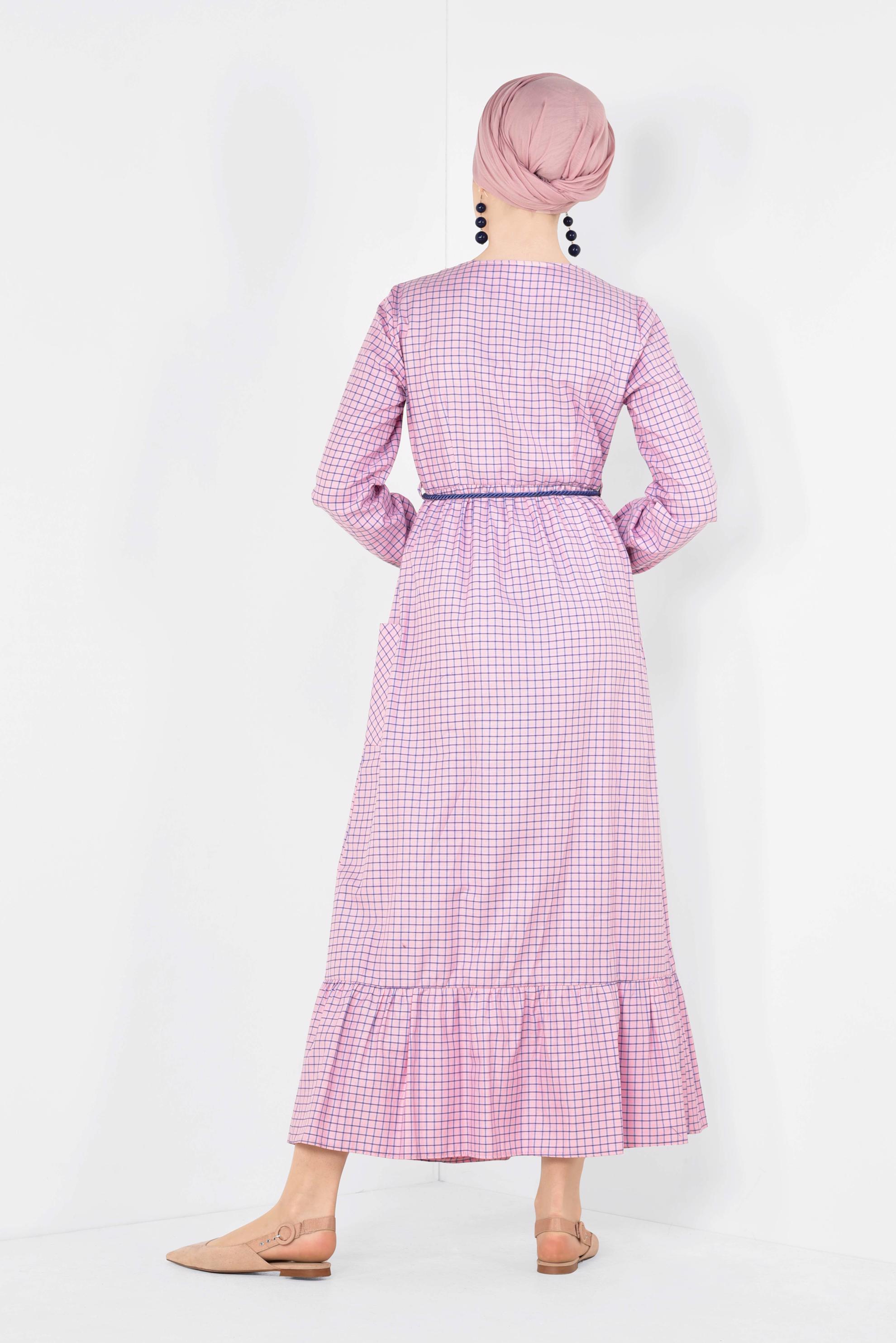 Tesettür giyim PEMBE ETEK UCU FIRFIRLI PÖTİKARE ELBİSE 4995 