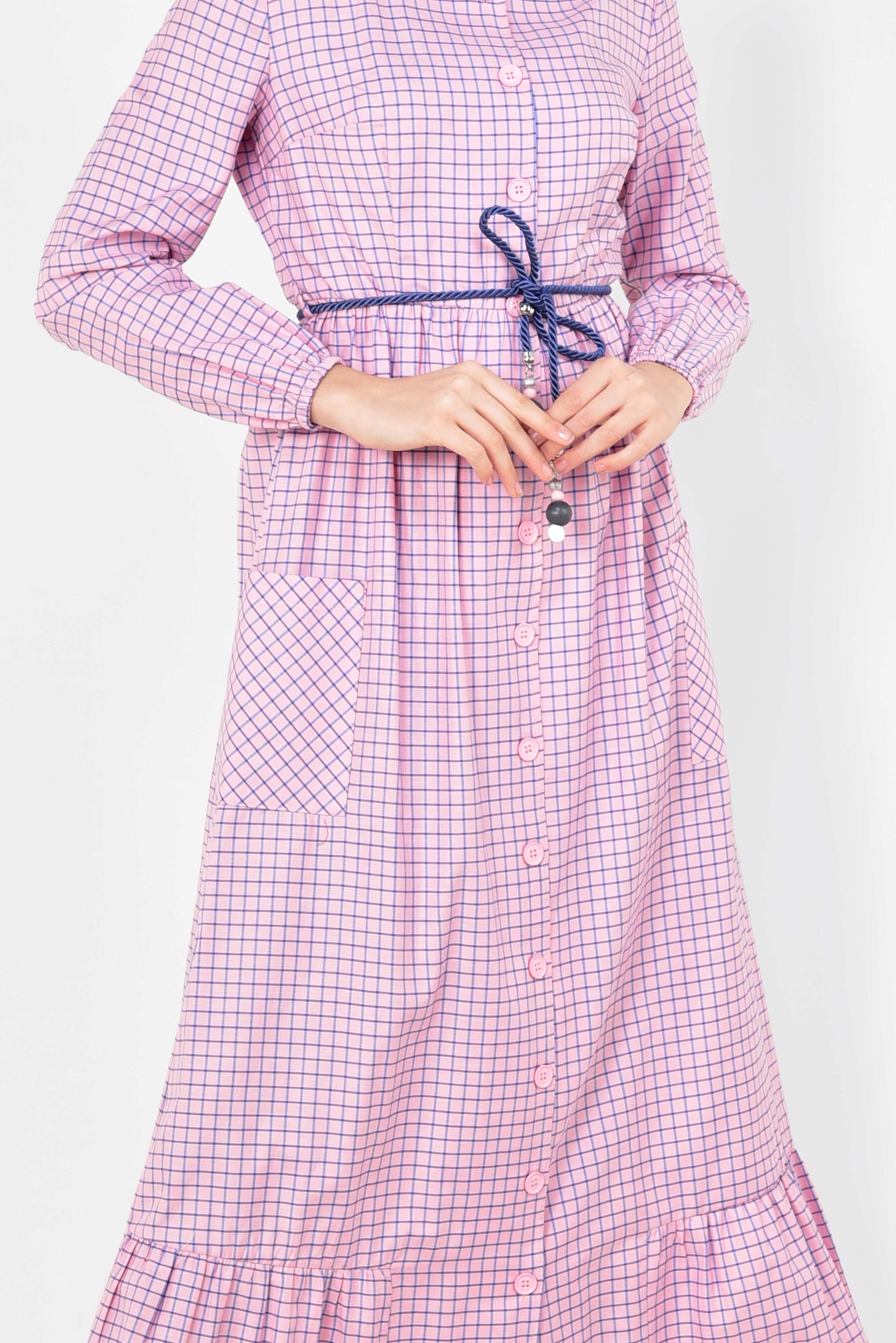 Tesettür giyim PEMBE ETEK UCU FIRFIRLI PÖTİKARE ELBİSE 4995 