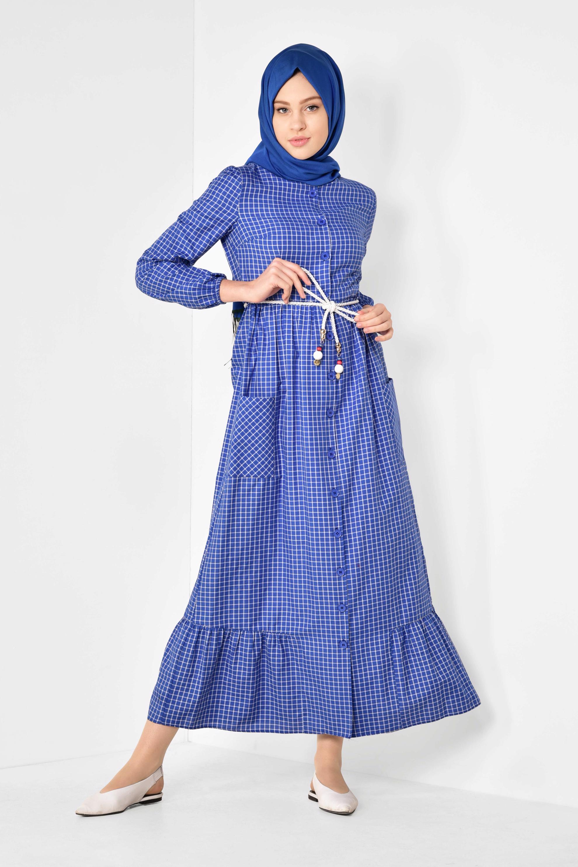 Hijab clothing NAVY BLUE PLAID DRESS 4995 