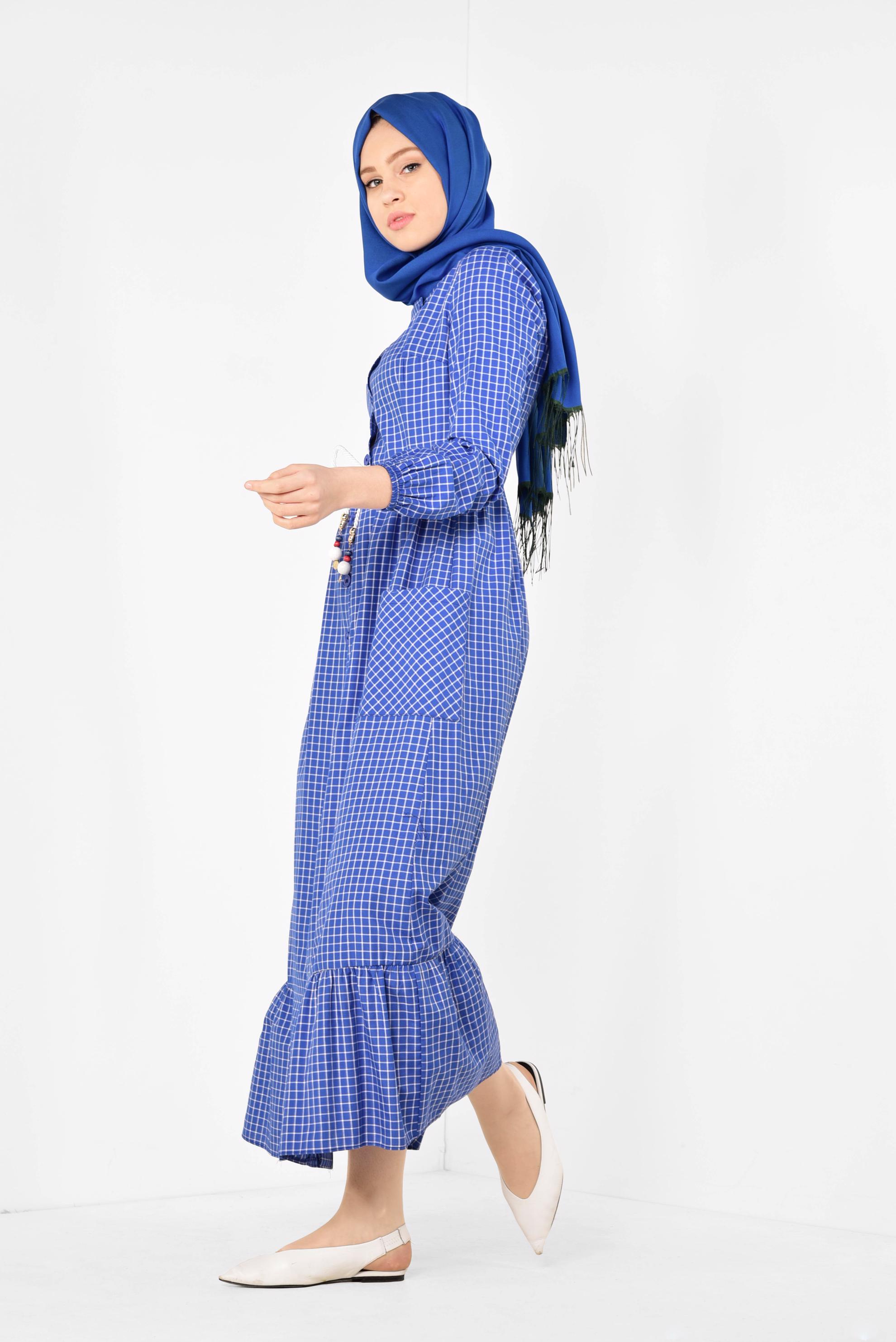 Hijab clothing NAVY BLUE PLAID DRESS 4995 