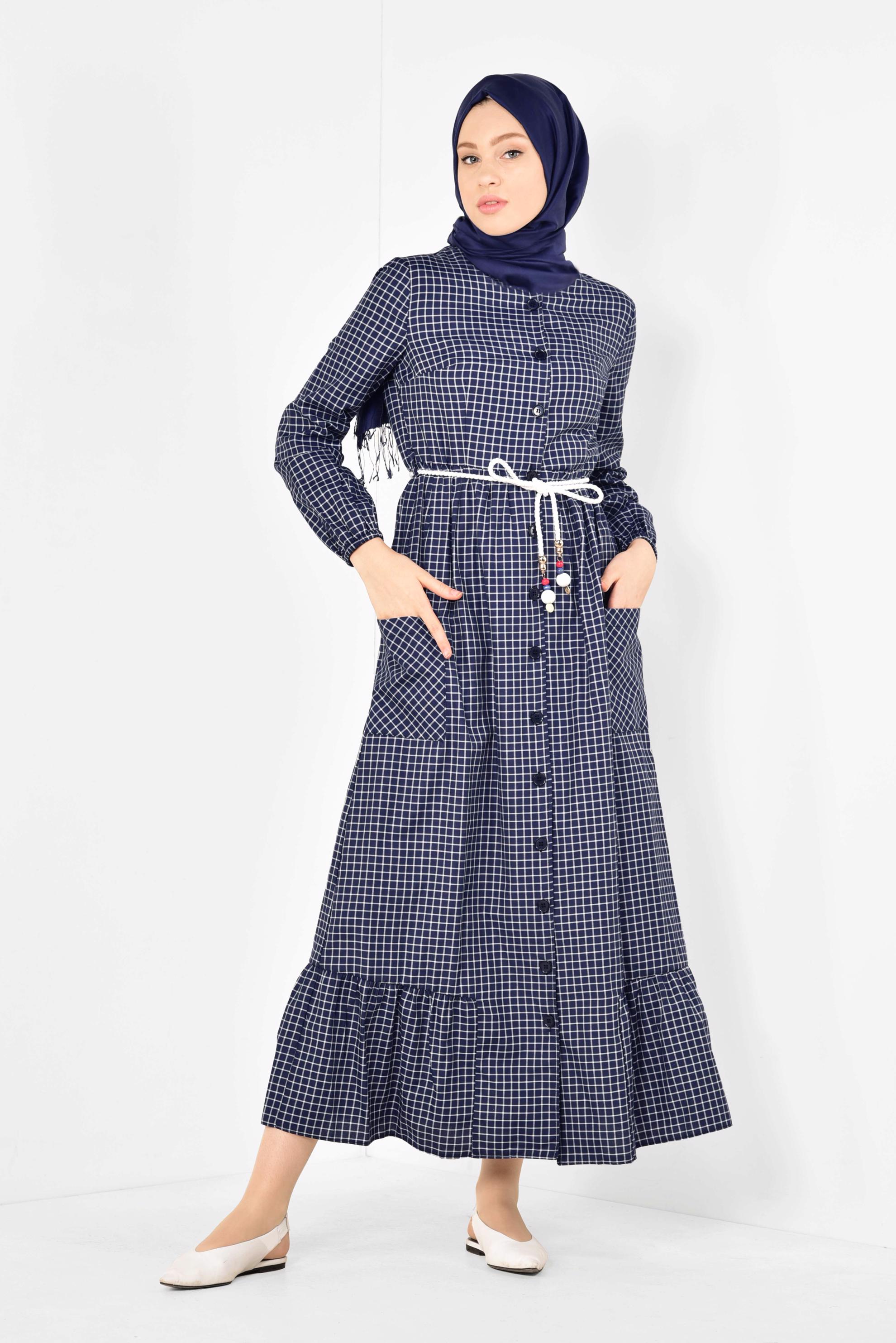 Tesettür giyim LACİVERT ETEK UCU FIRFIRLI PÖTİKARE ELBİSE 4995 