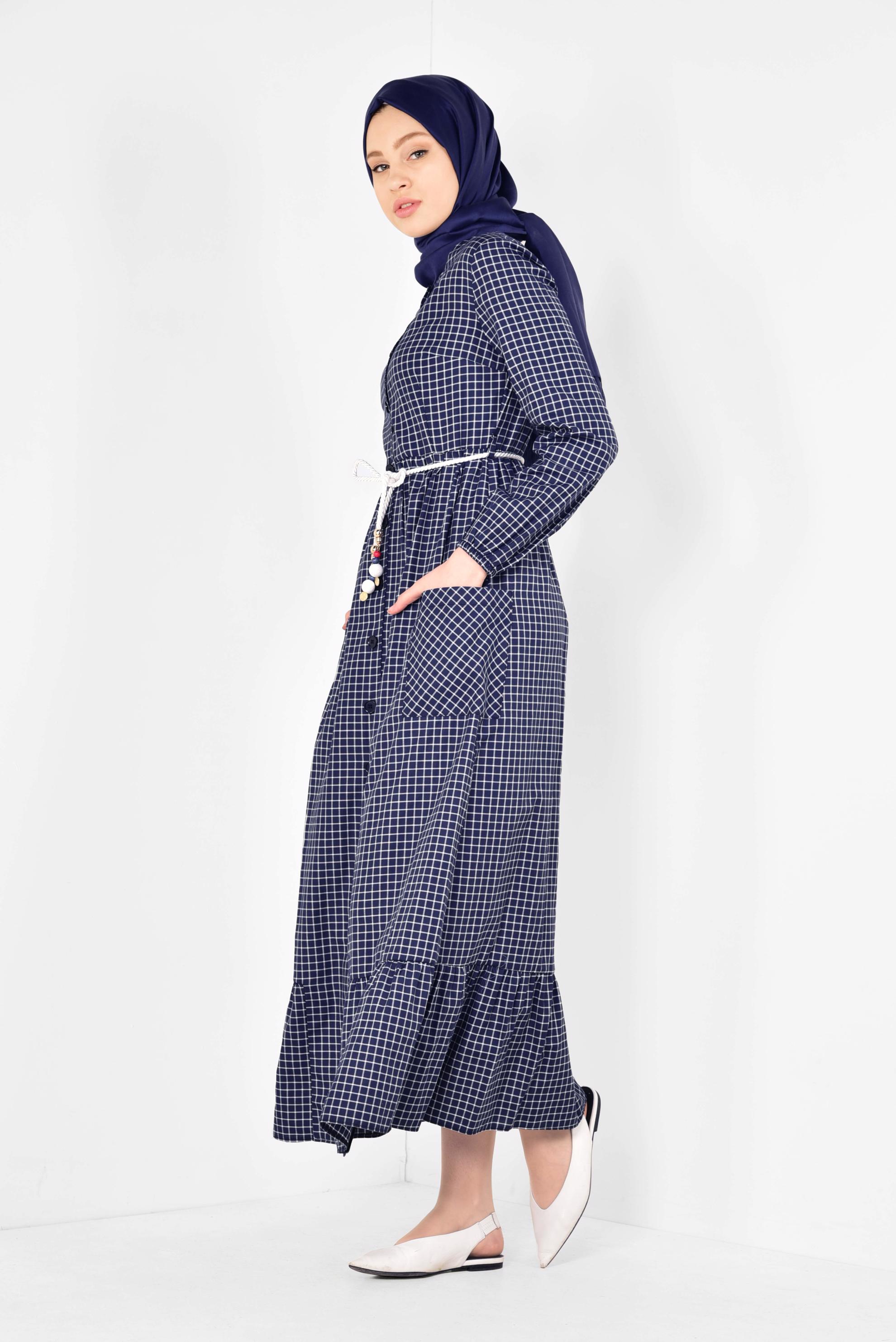 Tesettür giyim LACİVERT ETEK UCU FIRFIRLI PÖTİKARE ELBİSE 4995 