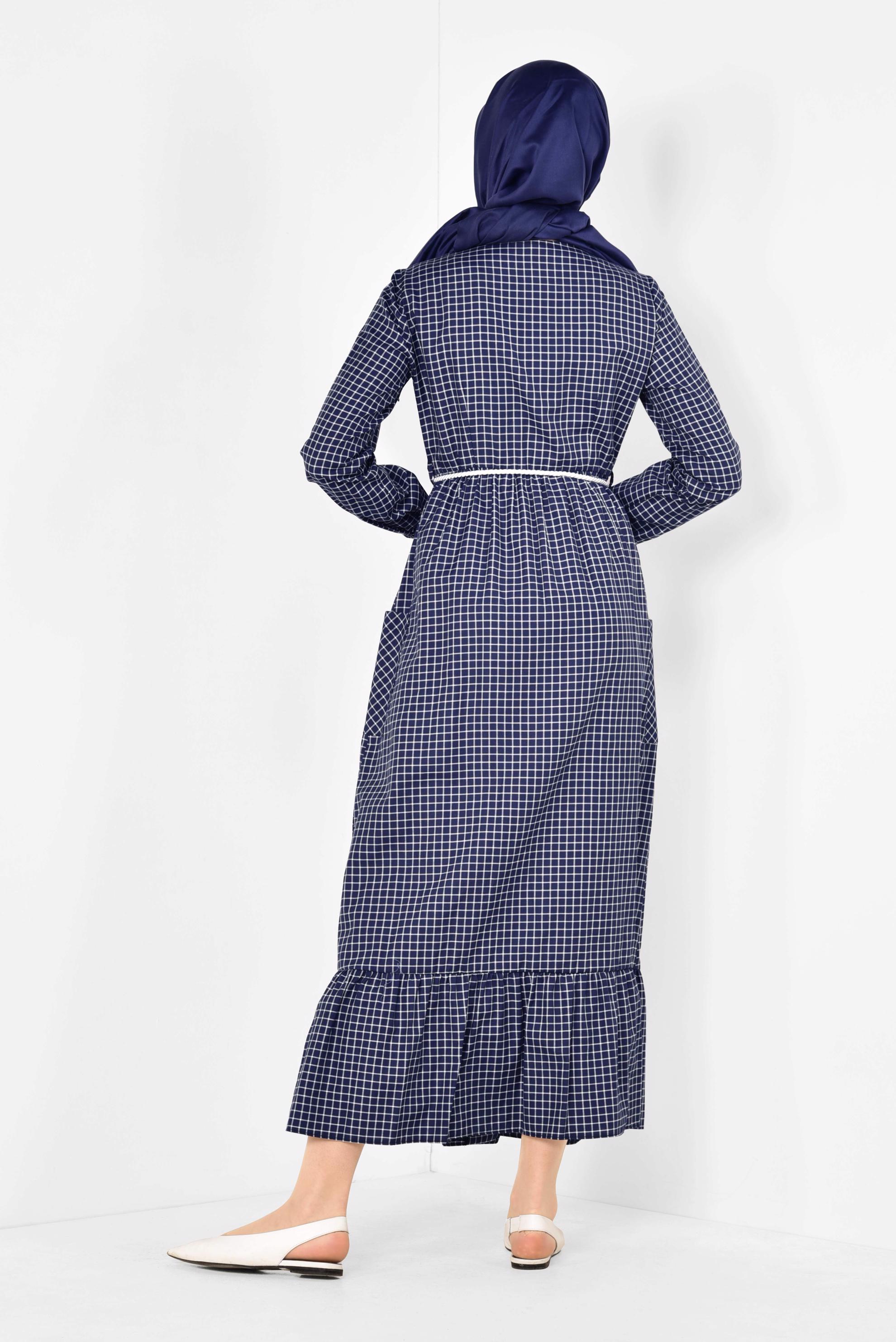 Tesettür giyim LACİVERT ETEK UCU FIRFIRLI PÖTİKARE ELBİSE 4995 