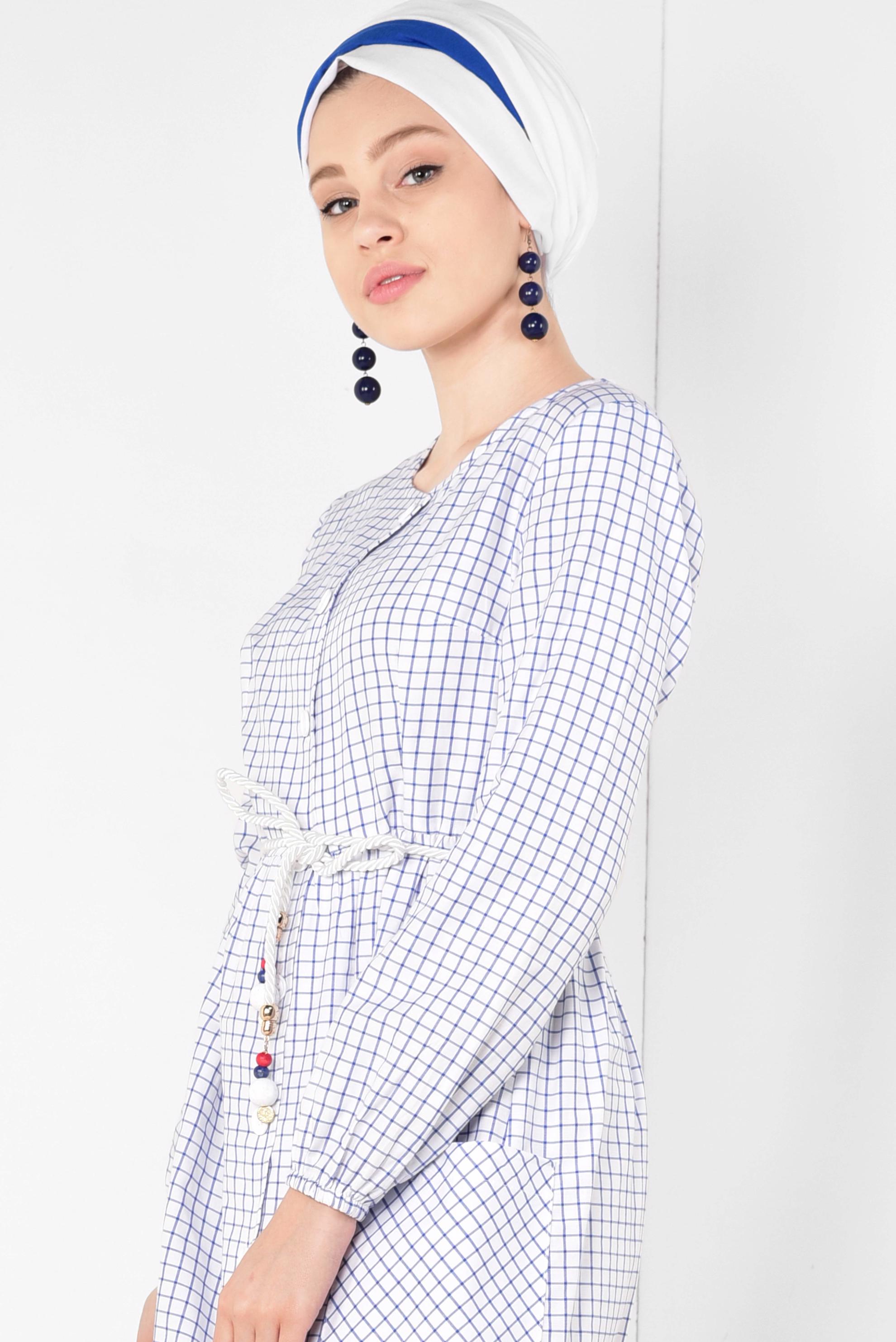 Tesettür giyim EKRU ETEK UCU FIRFIRLI PÖTİKARE ELBİSE 4995 