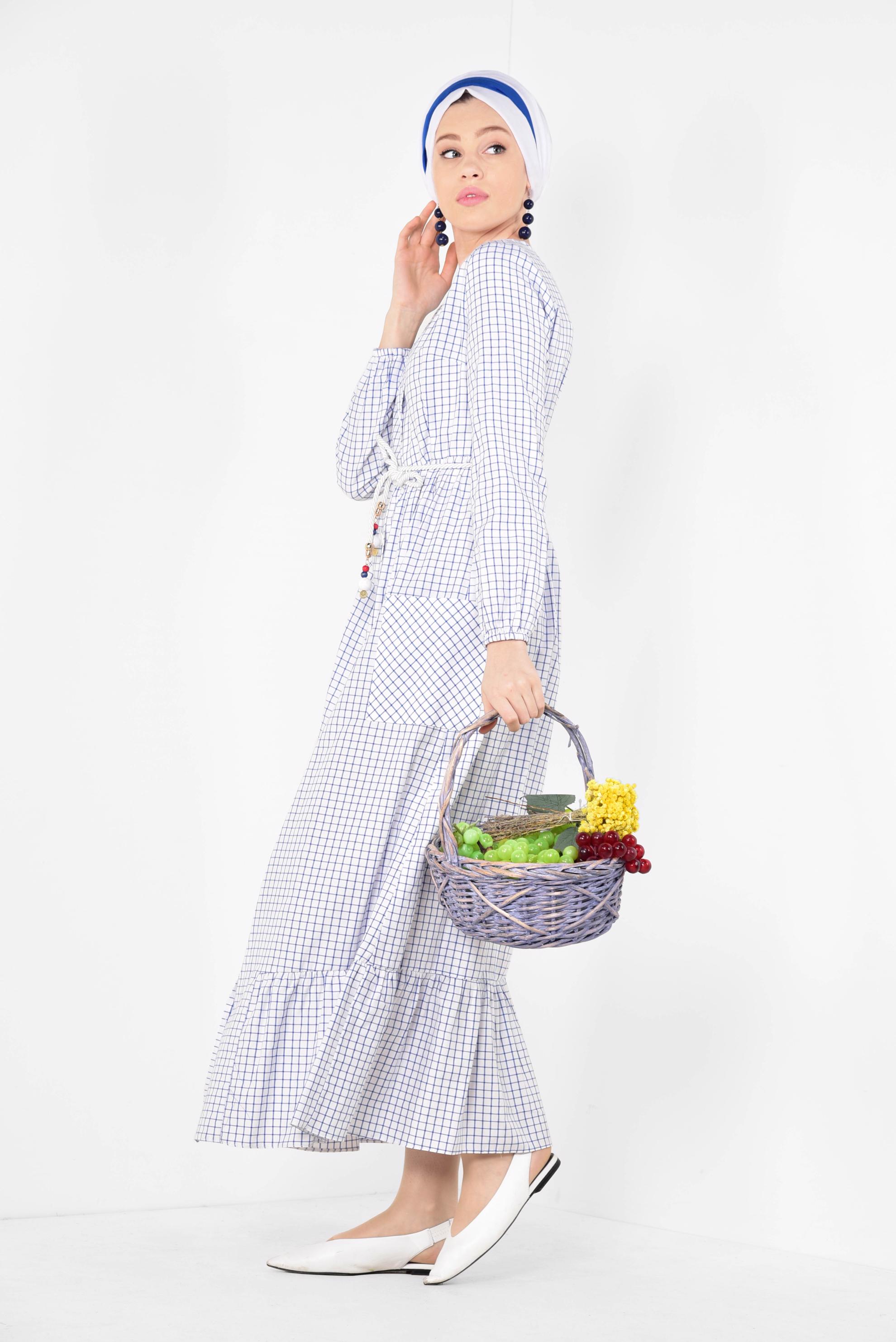 Tesettür giyim EKRU ETEK UCU FIRFIRLI PÖTİKARE ELBİSE 4995 