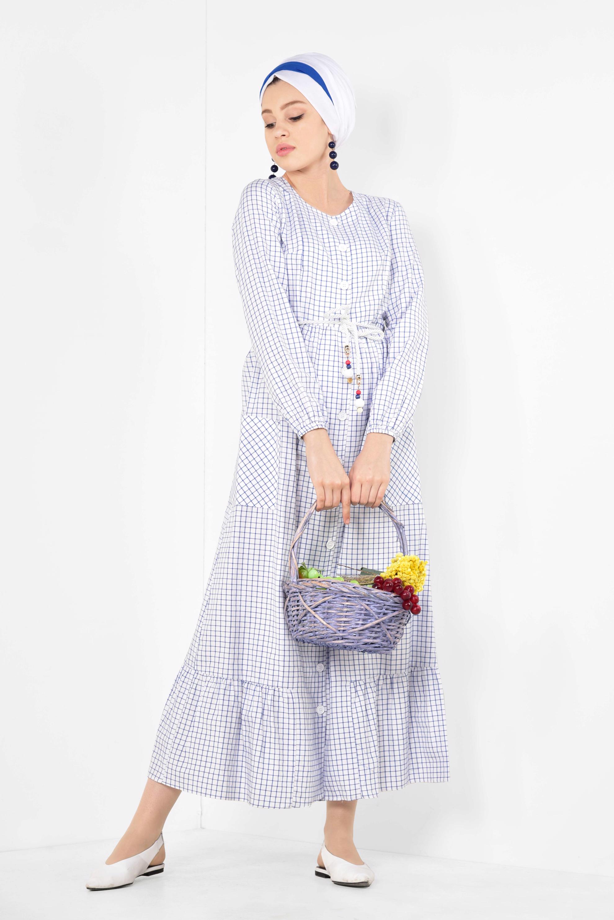 Tesettür giyim EKRU ETEK UCU FIRFIRLI PÖTİKARE ELBİSE 4995 