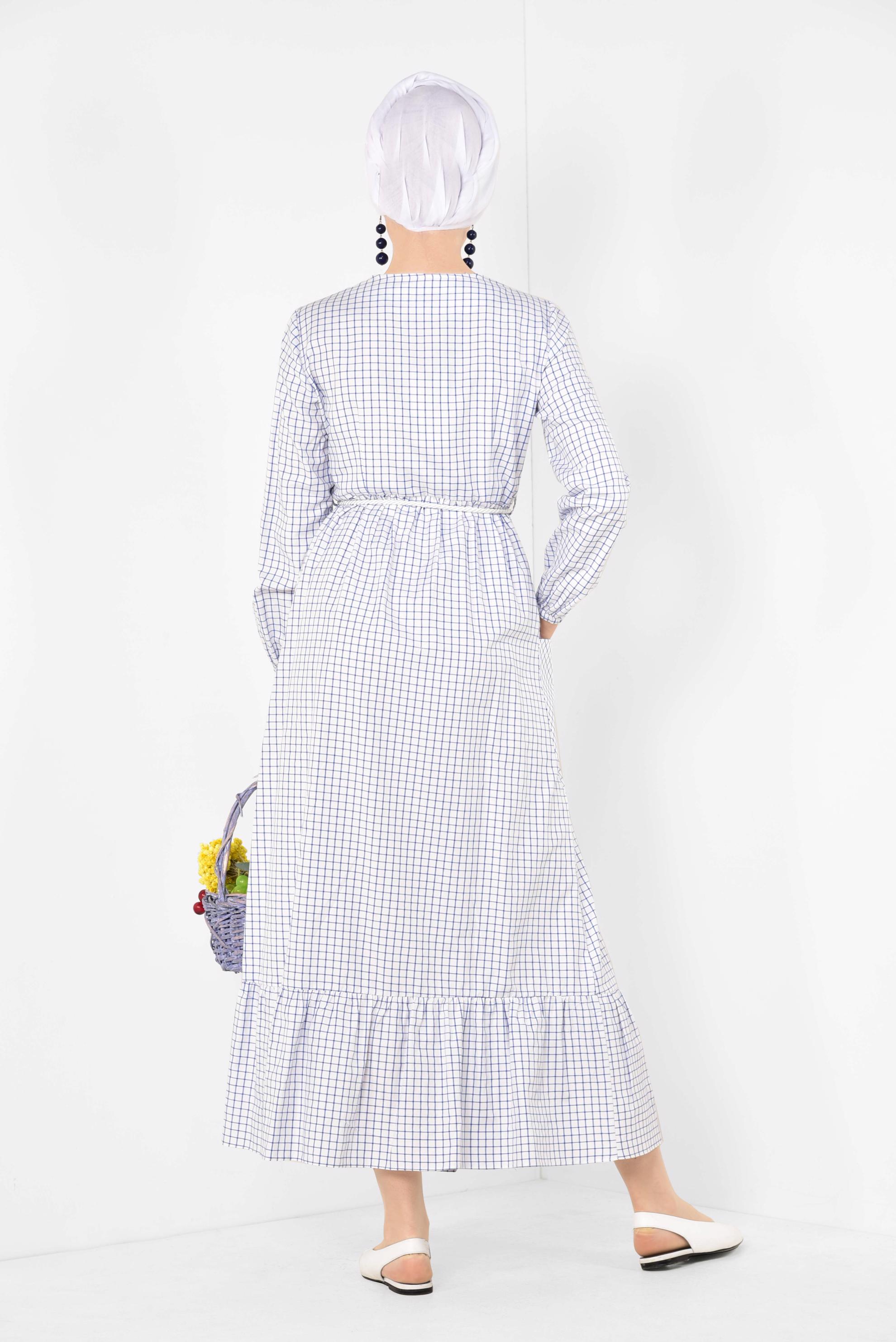 Tesettür giyim EKRU ETEK UCU FIRFIRLI PÖTİKARE ELBİSE 4995 