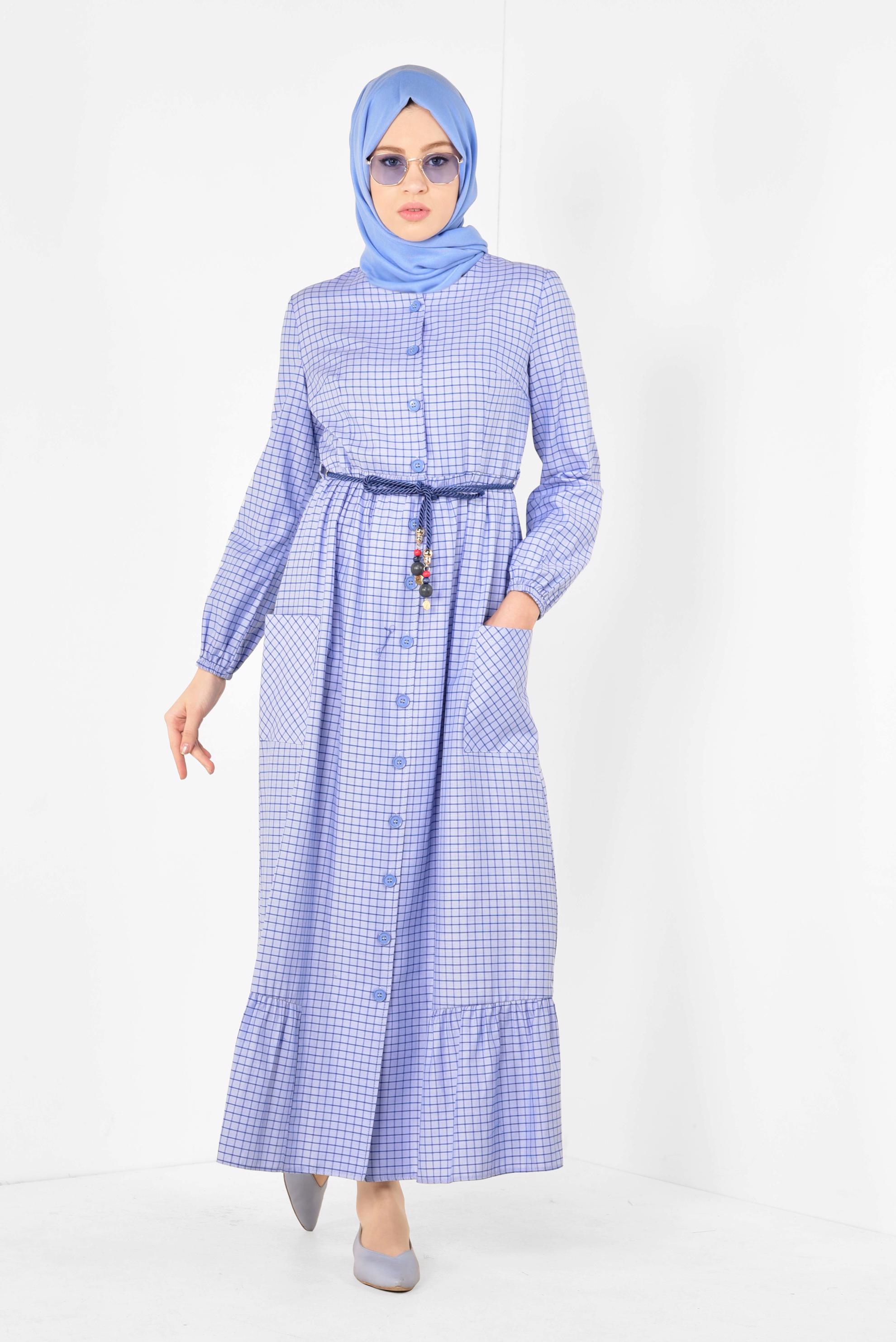 Tesettür giyim MAVİ ETEK UCU FIRFIRLI PÖTİKARE ELBİSE 4995 