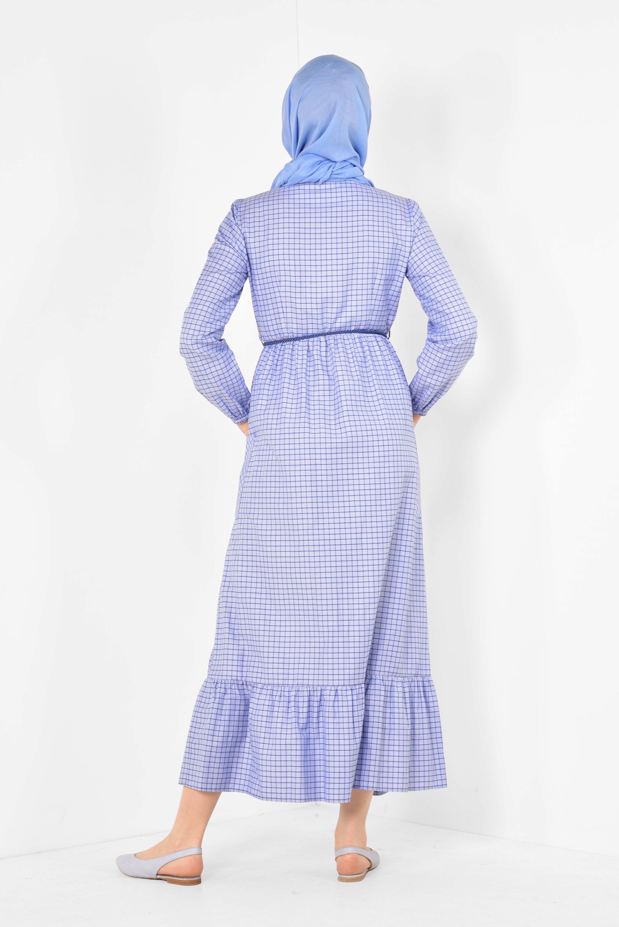 Tesettür giyim MAVİ ETEK UCU FIRFIRLI PÖTİKARE ELBİSE 4995 