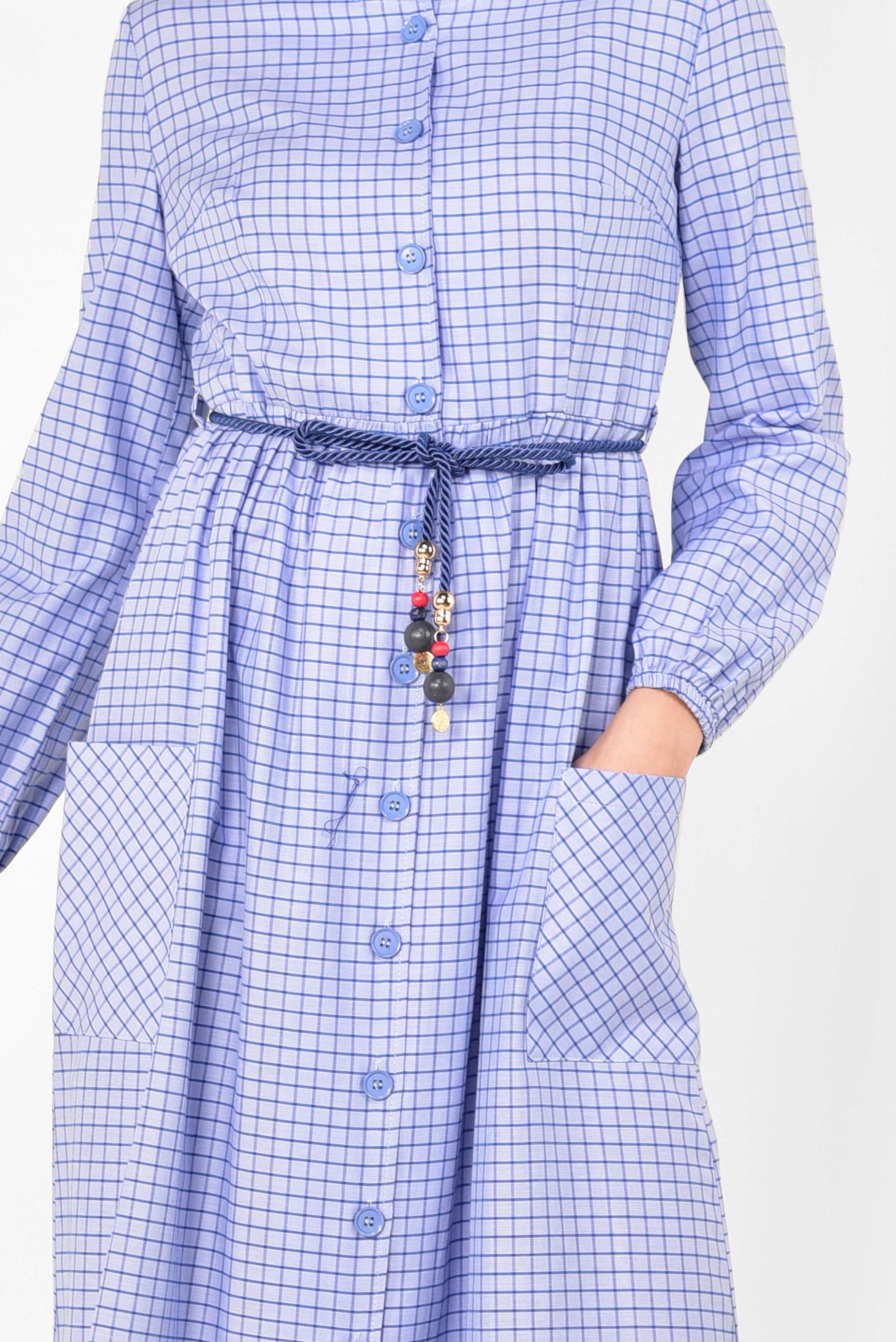 Tesettür giyim MAVİ ETEK UCU FIRFIRLI PÖTİKARE ELBİSE 4995 