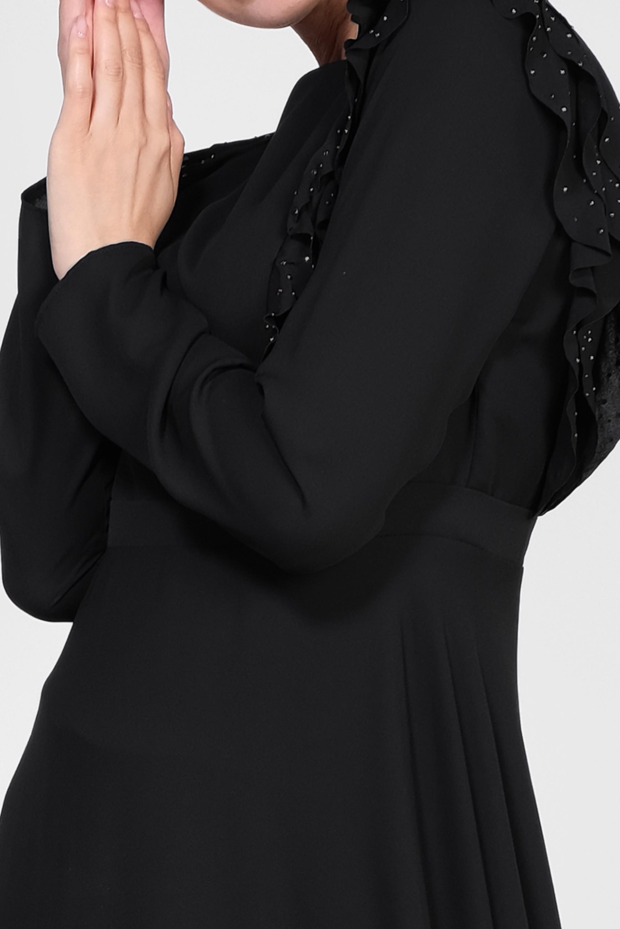 Tesettür giyim SİYAH VOLAN VE TAŞ DETAYLI ELBİSE 4996