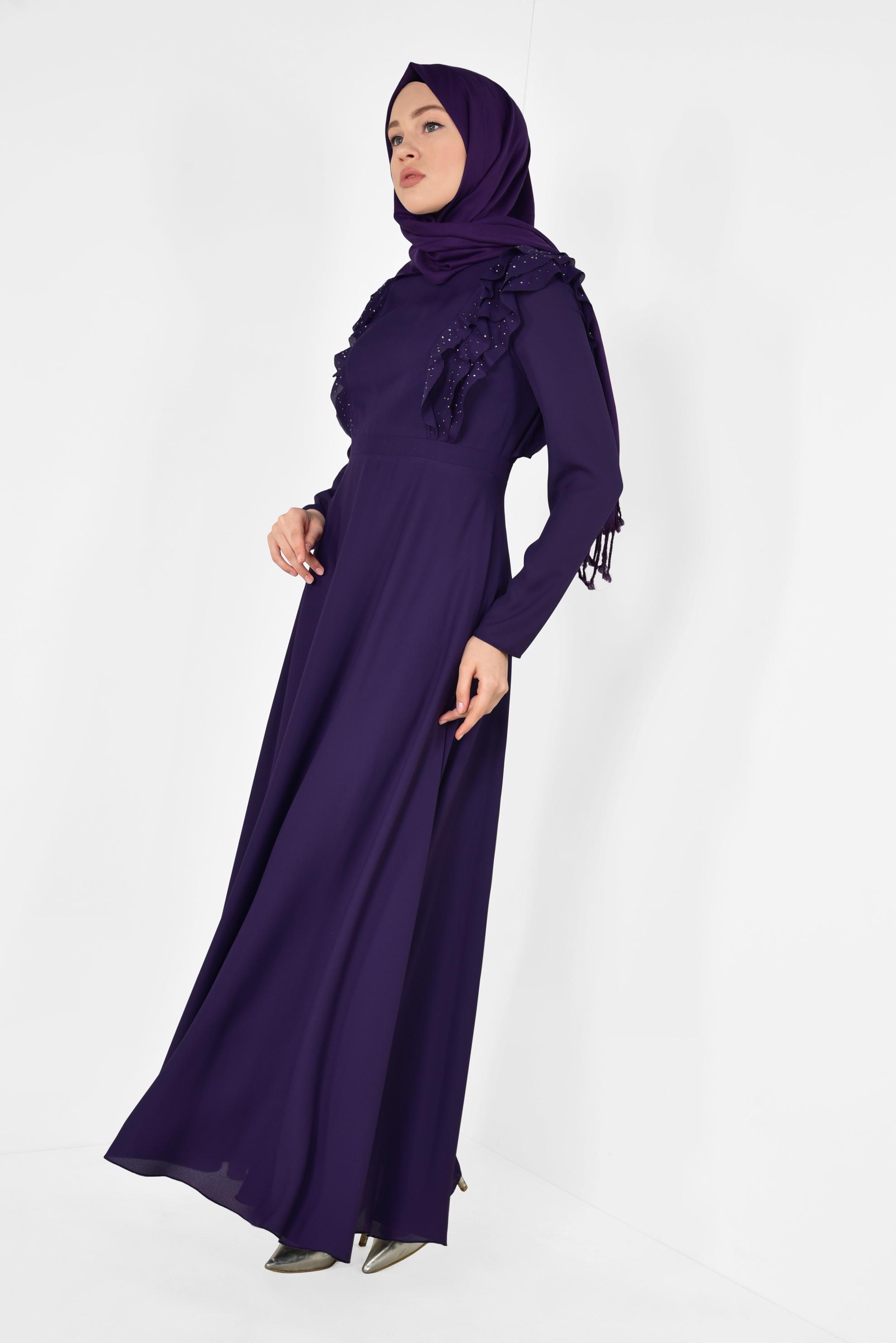 Tesettür giyim MOR VOLAN VE TAŞ DETAYLI ELBİSE 4996