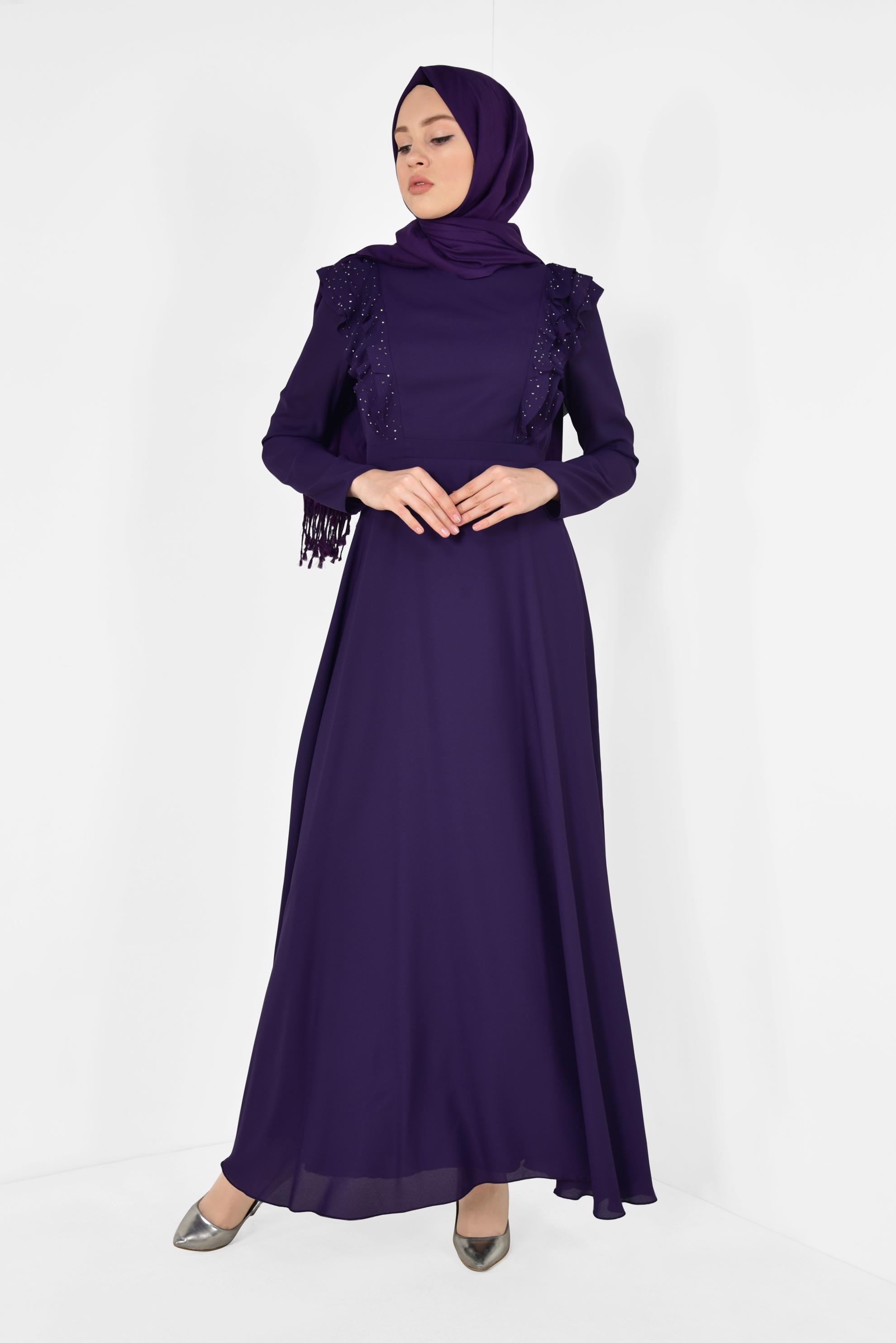 Tesettür giyim MOR VOLAN VE TAŞ DETAYLI ELBİSE 4996