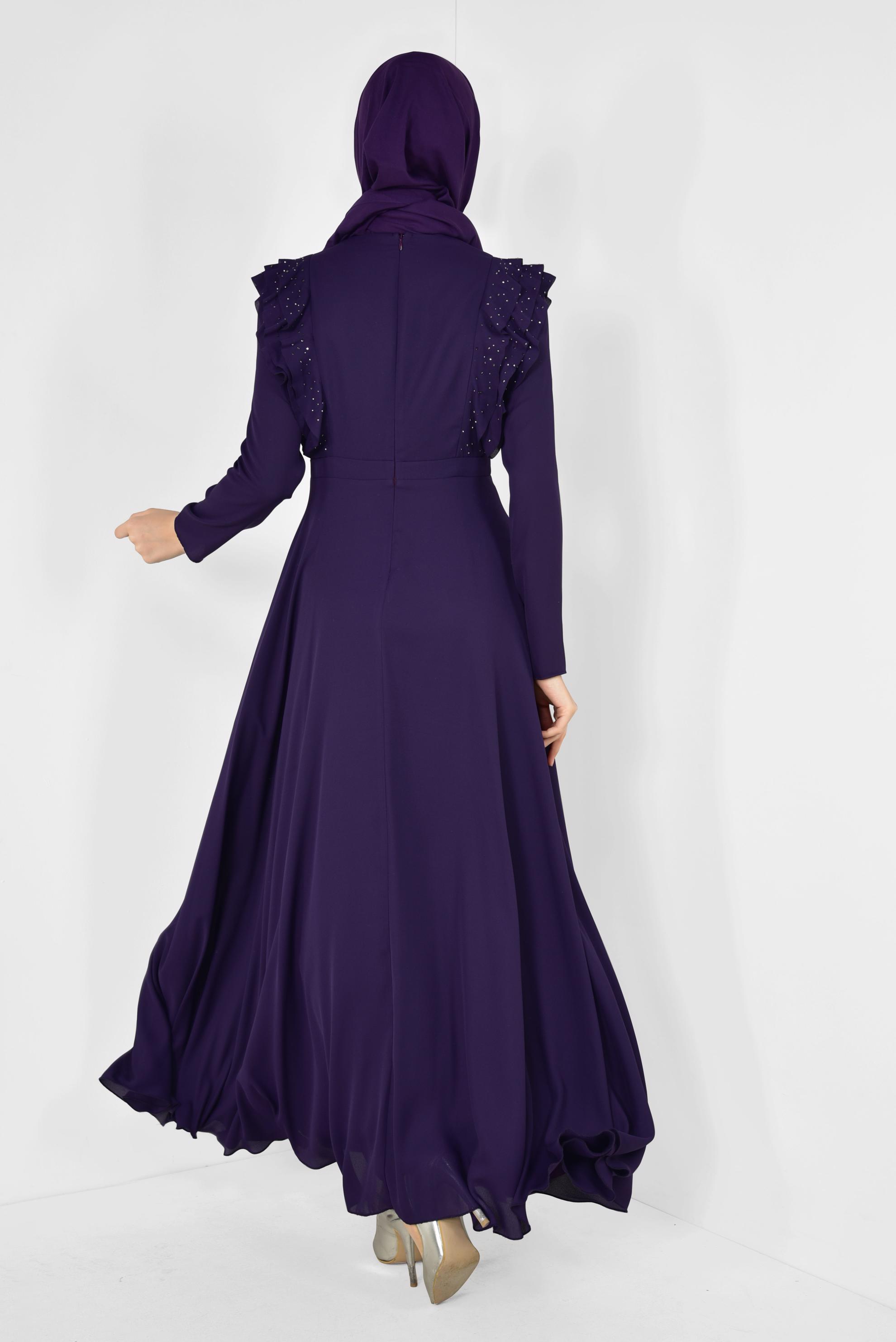 Tesettür giyim MOR VOLAN VE TAŞ DETAYLI ELBİSE 4996