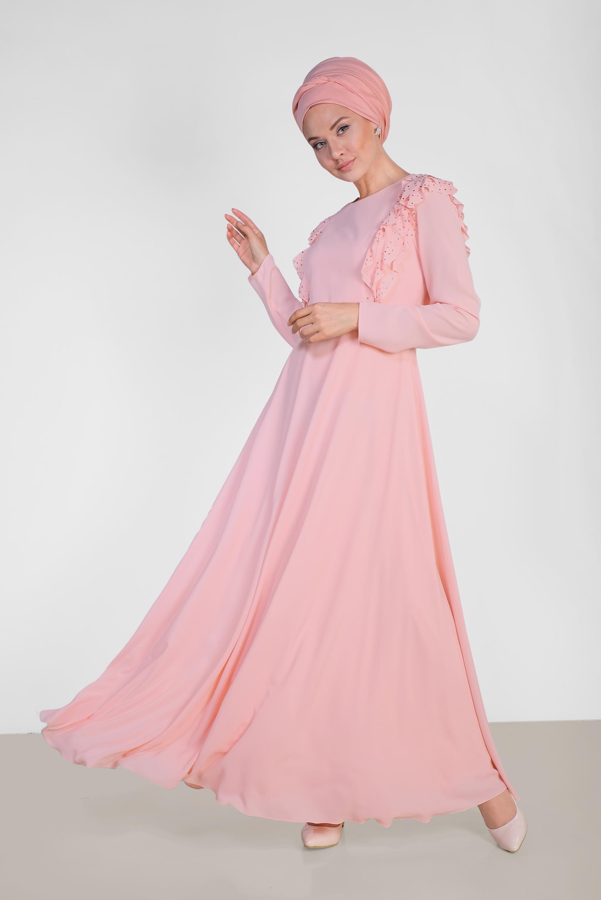 Tesettür giyim PUDRA VOLAN VE TAŞ DETAYLI ELBİSE 4996