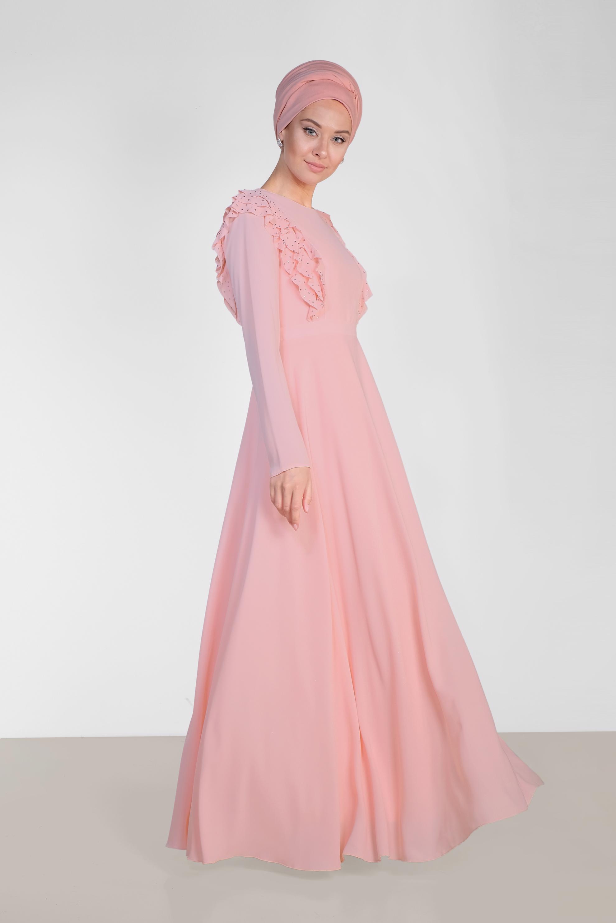 Tesettür giyim PUDRA VOLAN VE TAŞ DETAYLI ELBİSE 4996