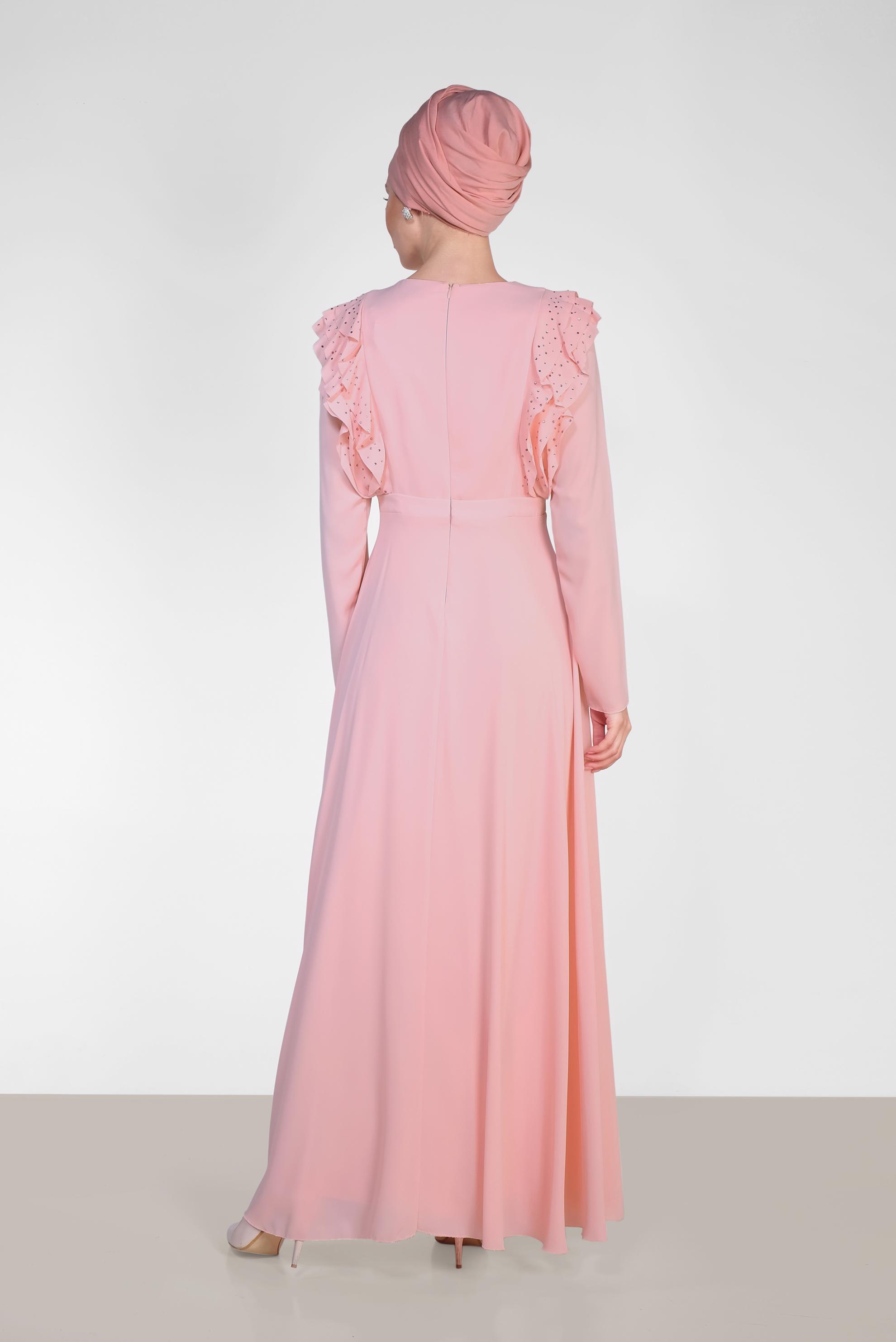 Tesettür giyim PUDRA VOLAN VE TAŞ DETAYLI ELBİSE 4996