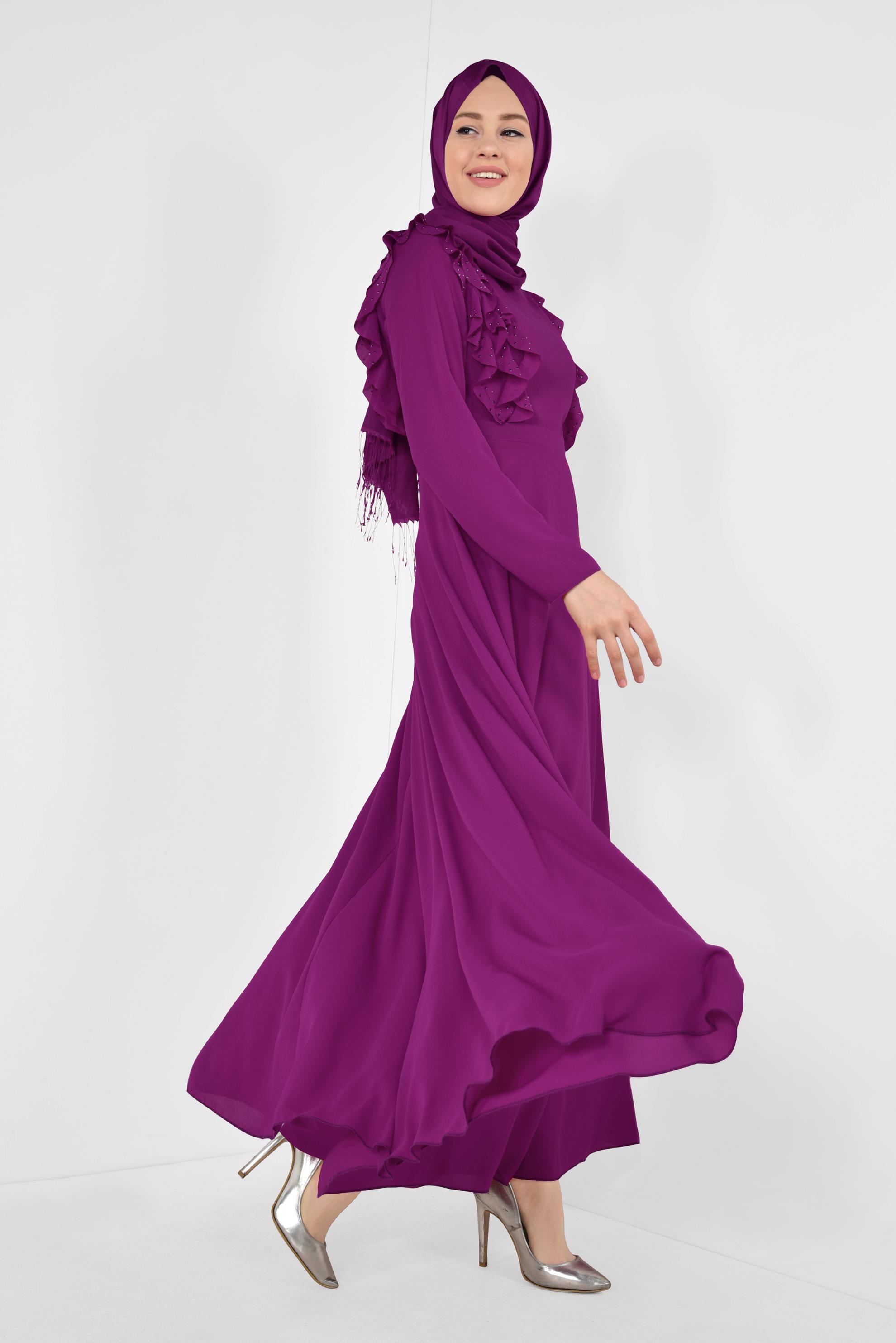Tesettür giyim MOR VOLAN VE TAŞ DETAYLI ELBİSE 4996