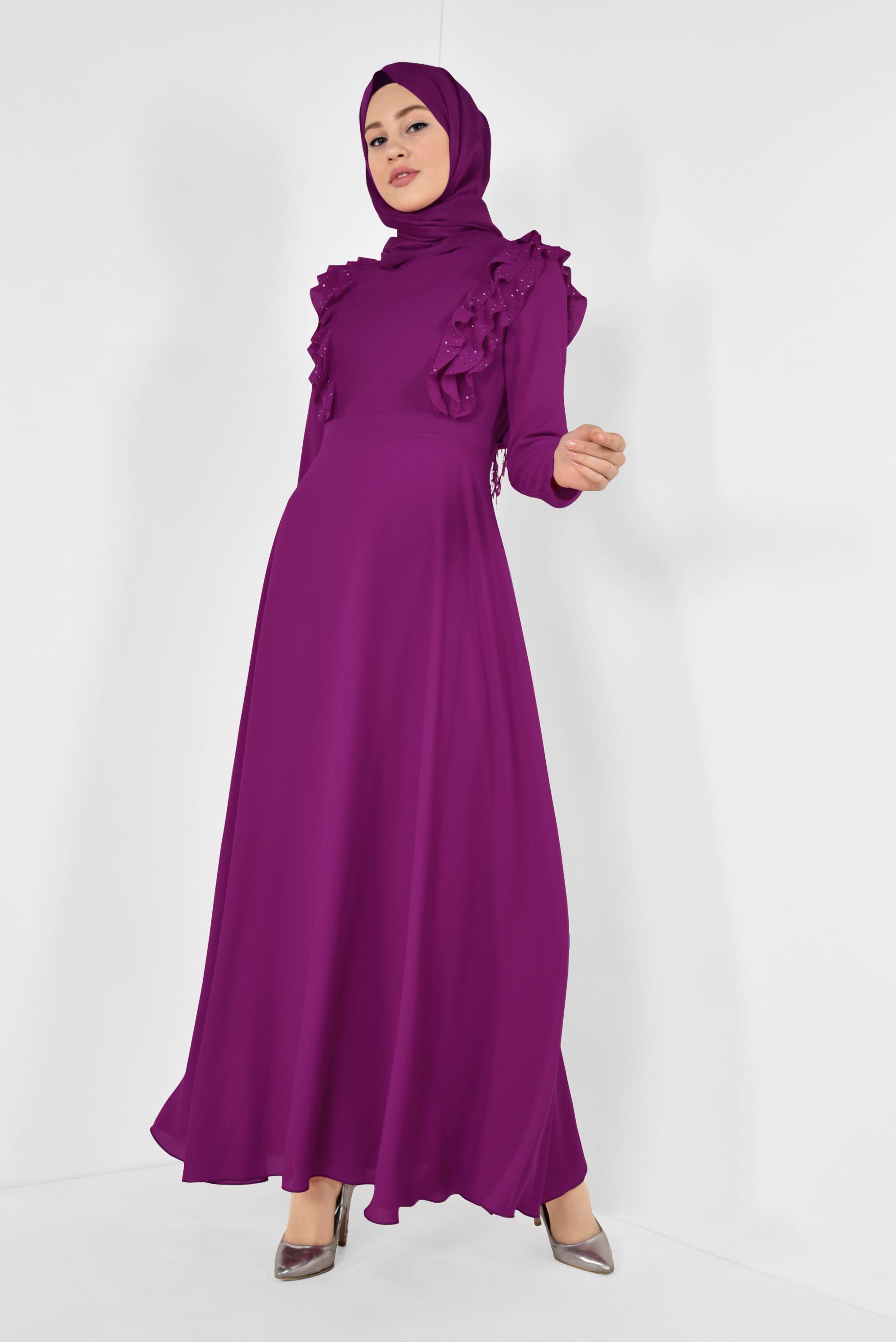 Tesettür giyim MOR VOLAN VE TAŞ DETAYLI ELBİSE 4996