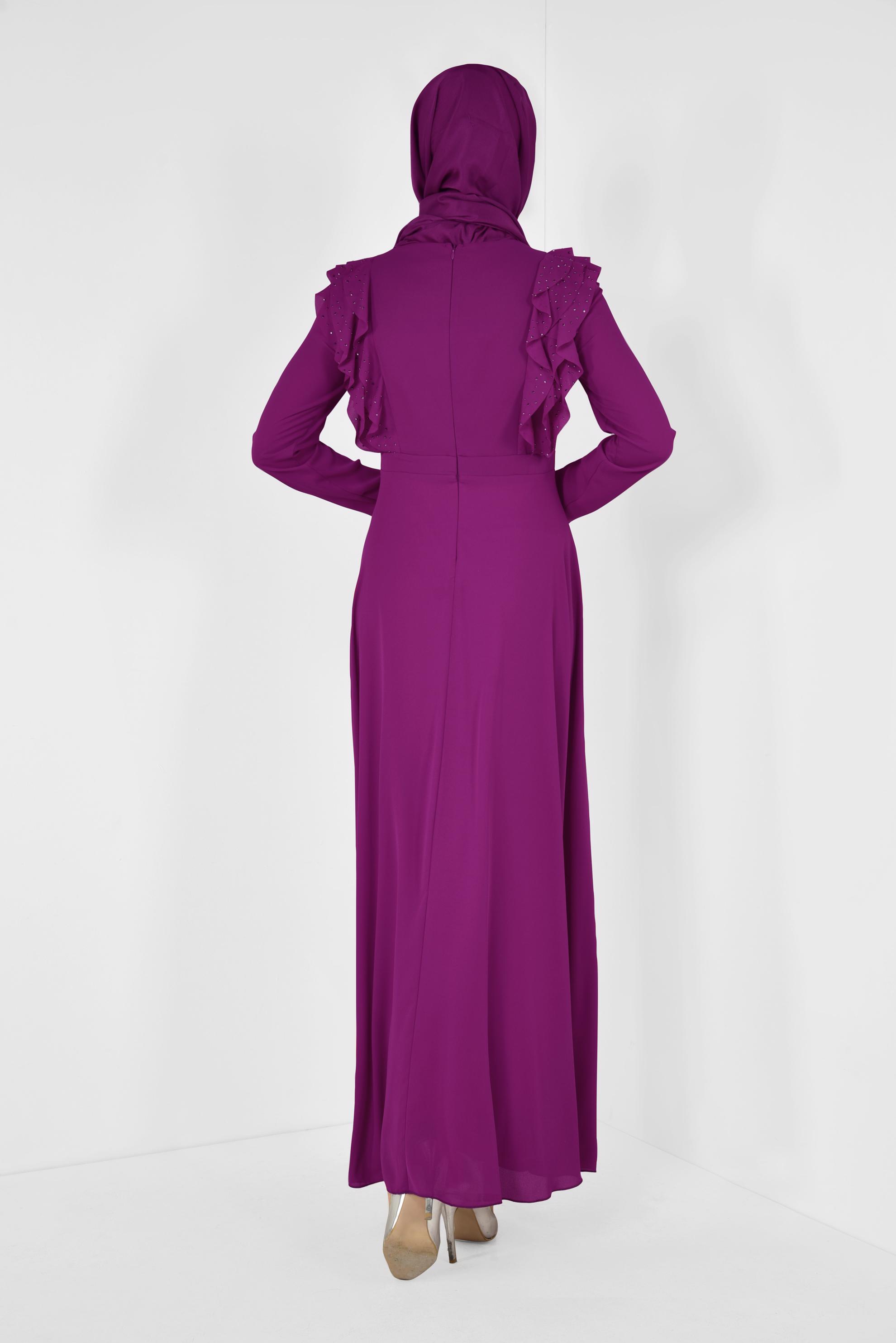 Tesettür giyim MOR VOLAN VE TAŞ DETAYLI ELBİSE 4996