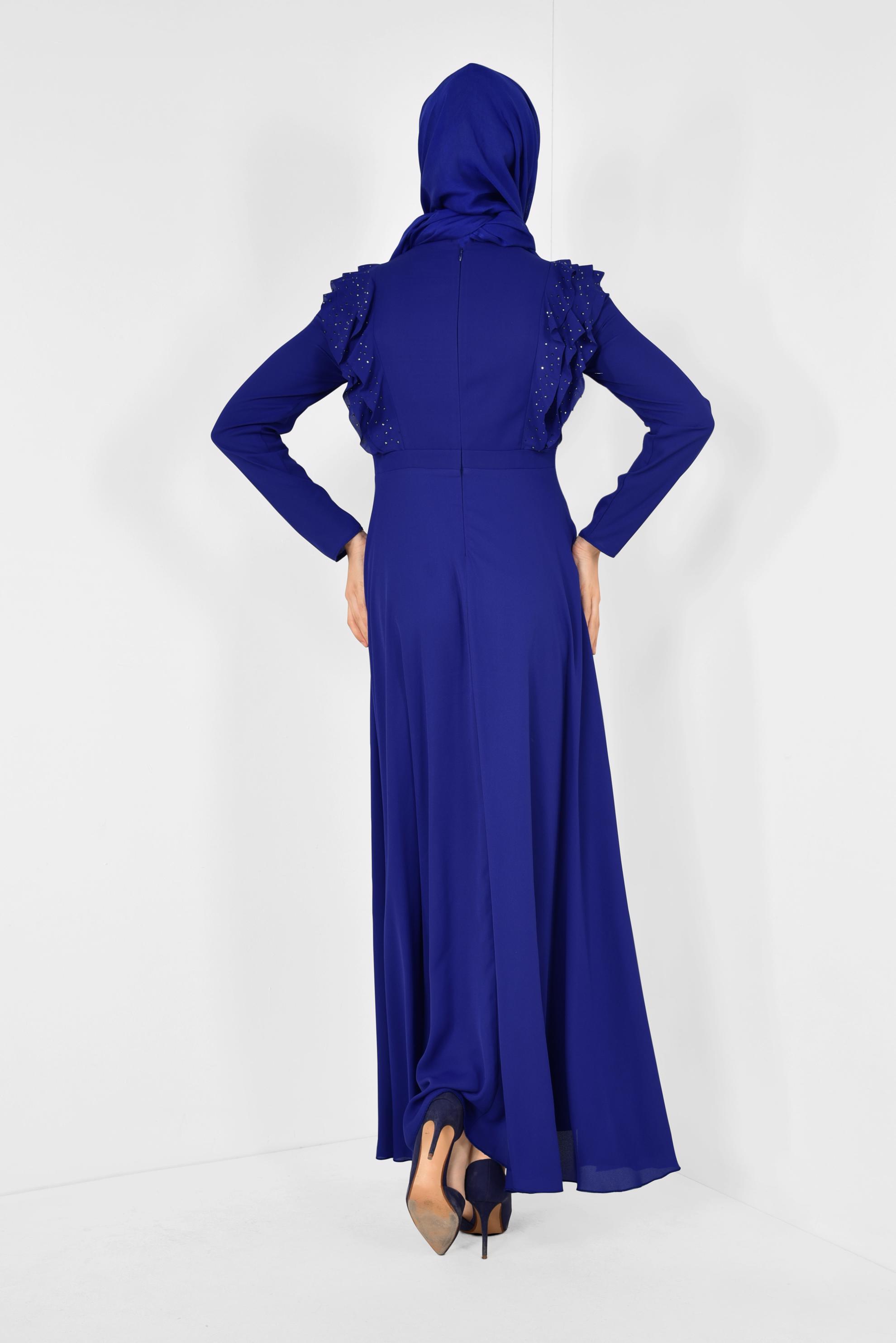 Tesettür giyim MAVİ VOLAN VE TAŞ DETAYLI ELBİSE 4996