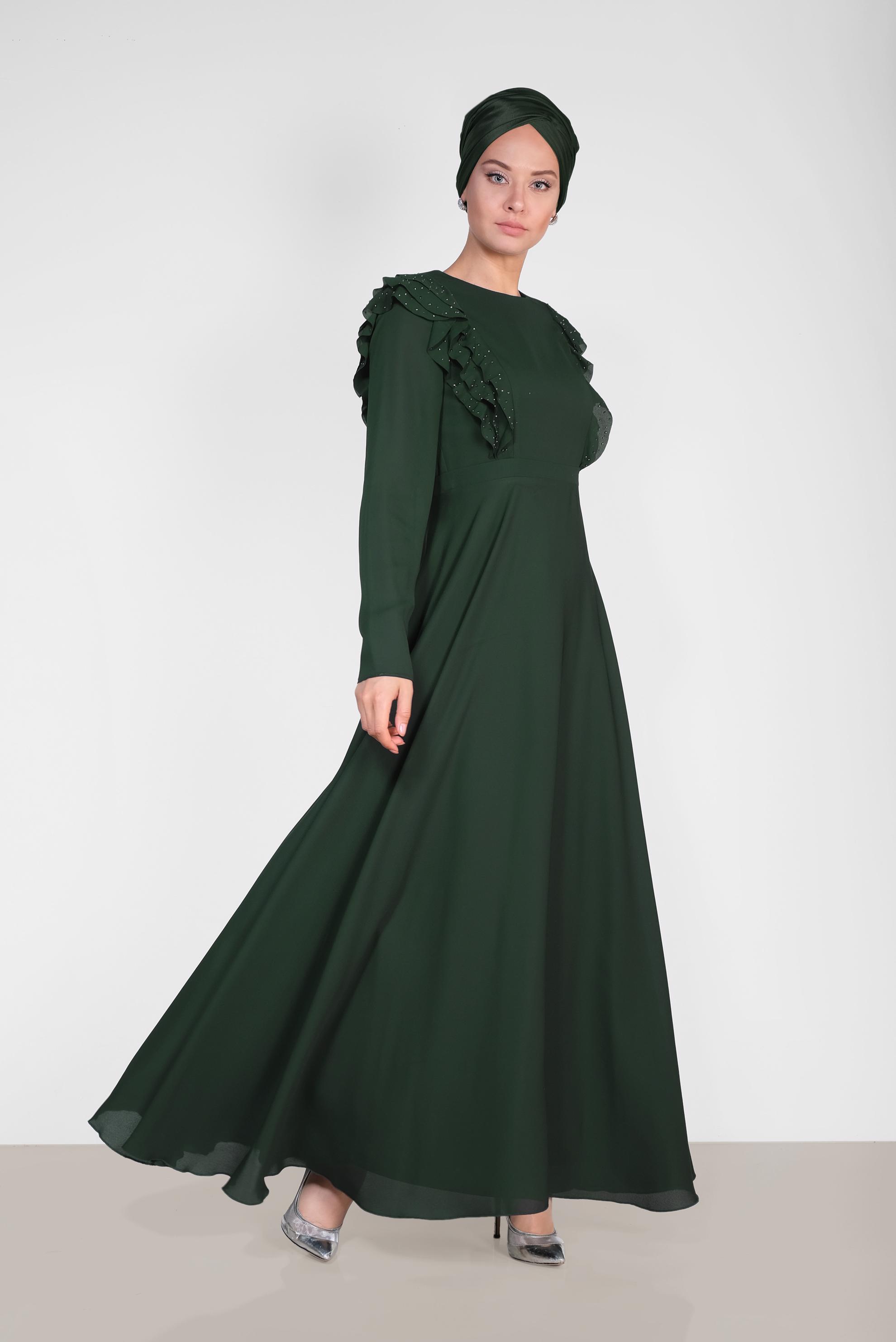 Tesettür giyim YEŞİL VOLAN VE TAŞ DETAYLI ELBİSE 4996
