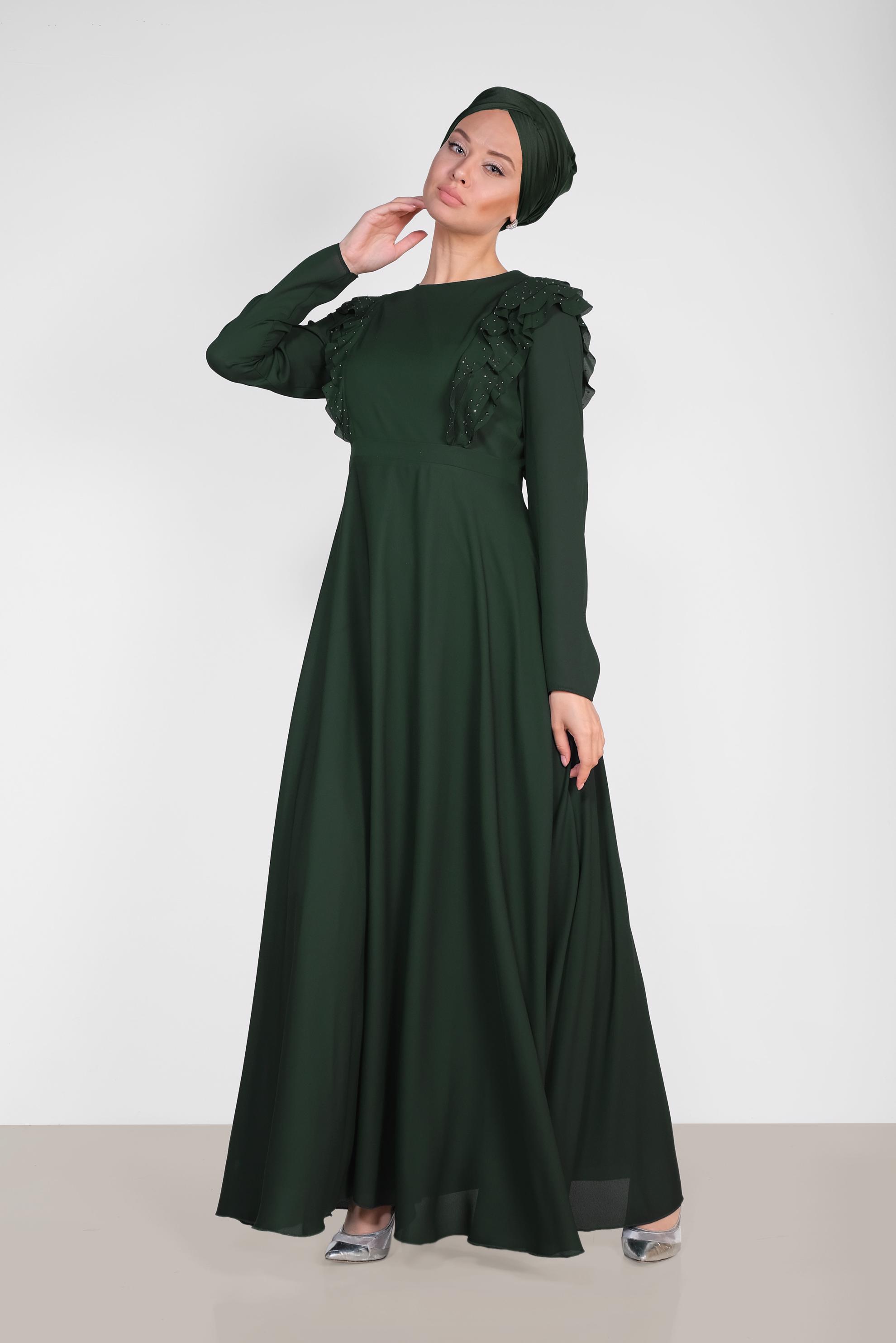 Tesettür giyim YEŞİL VOLAN VE TAŞ DETAYLI ELBİSE 4996