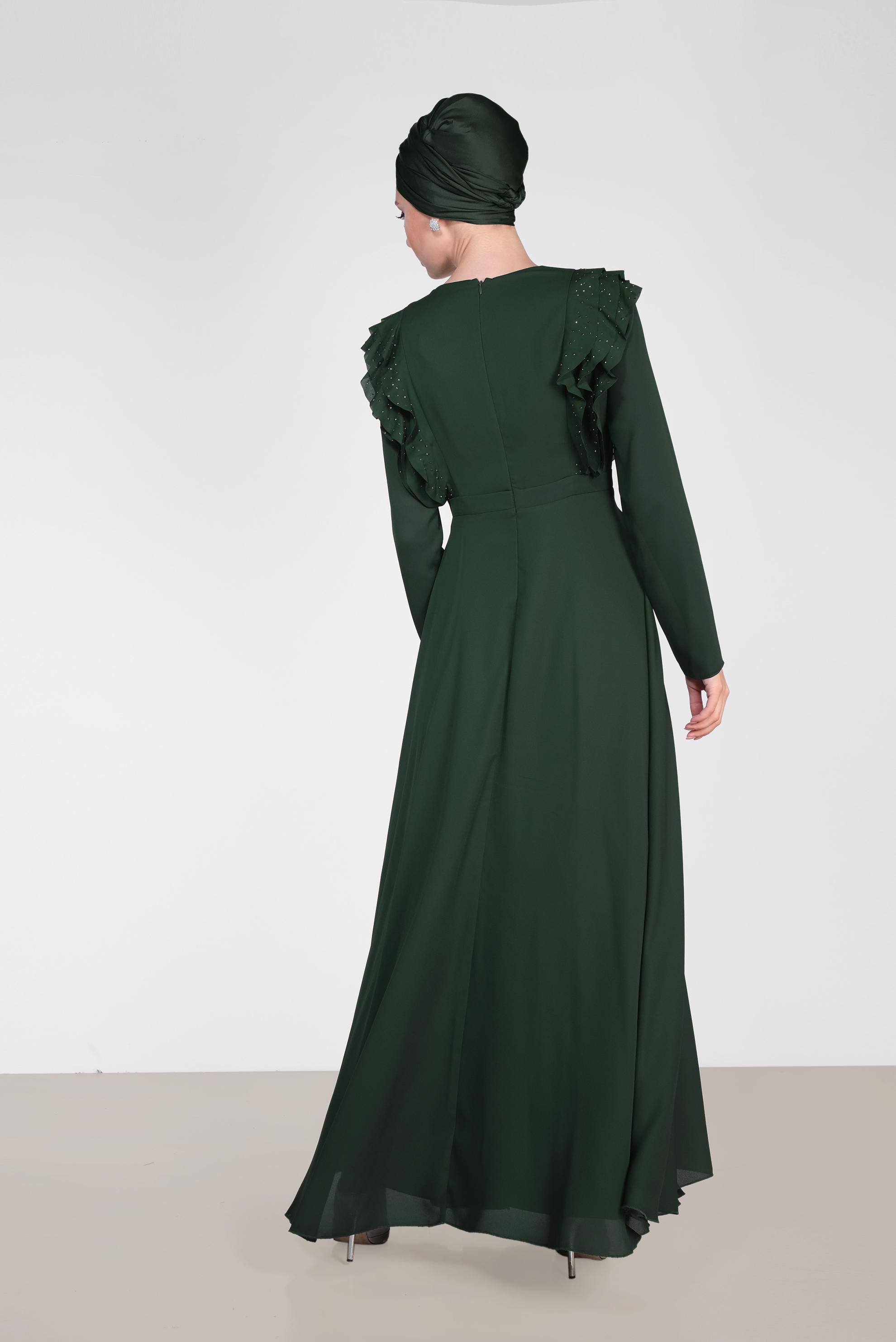 Tesettür giyim YEŞİL VOLAN VE TAŞ DETAYLI ELBİSE 4996