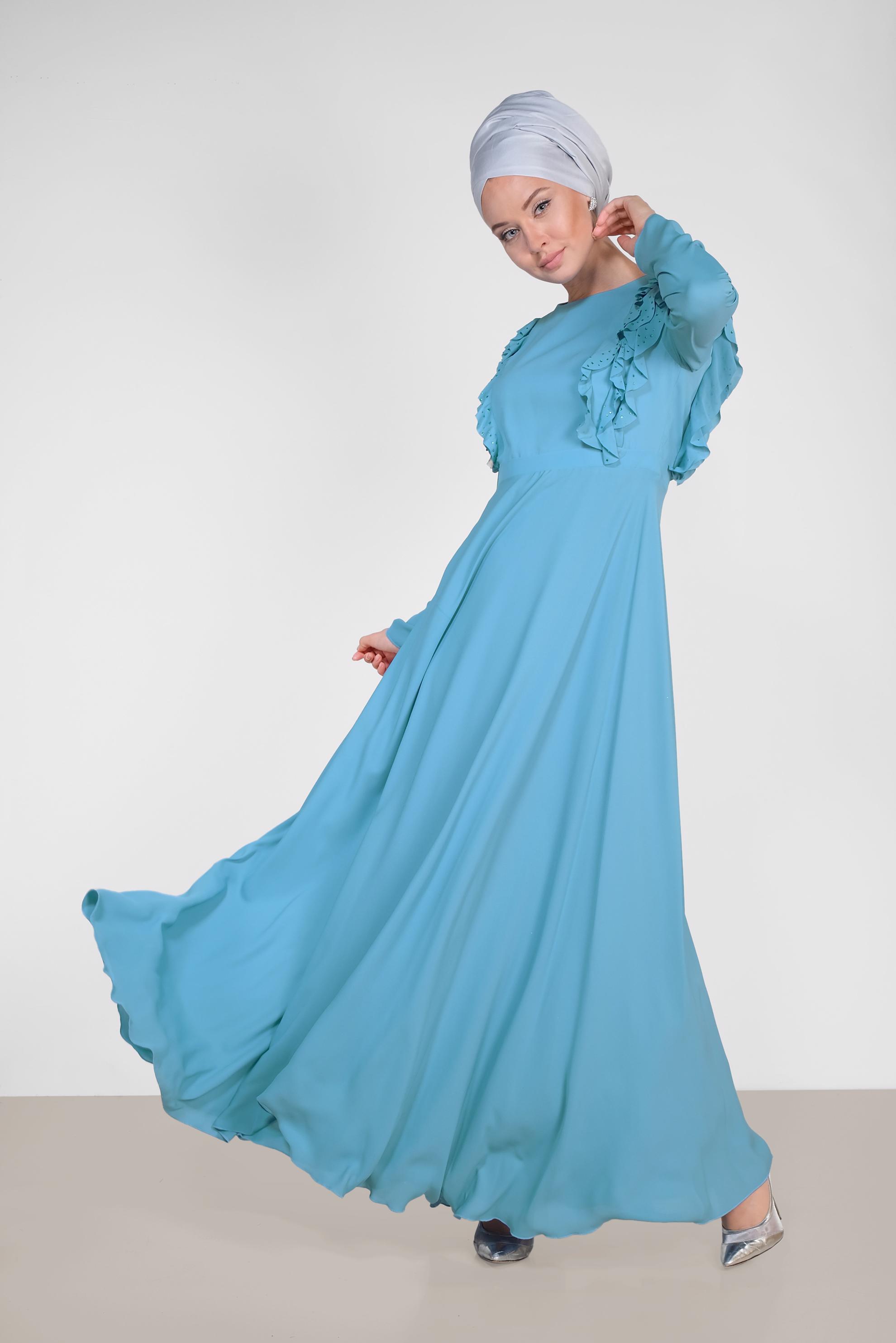 Tesettür giyim MAVİ VOLAN VE TAŞ DETAYLI ELBİSE 4996