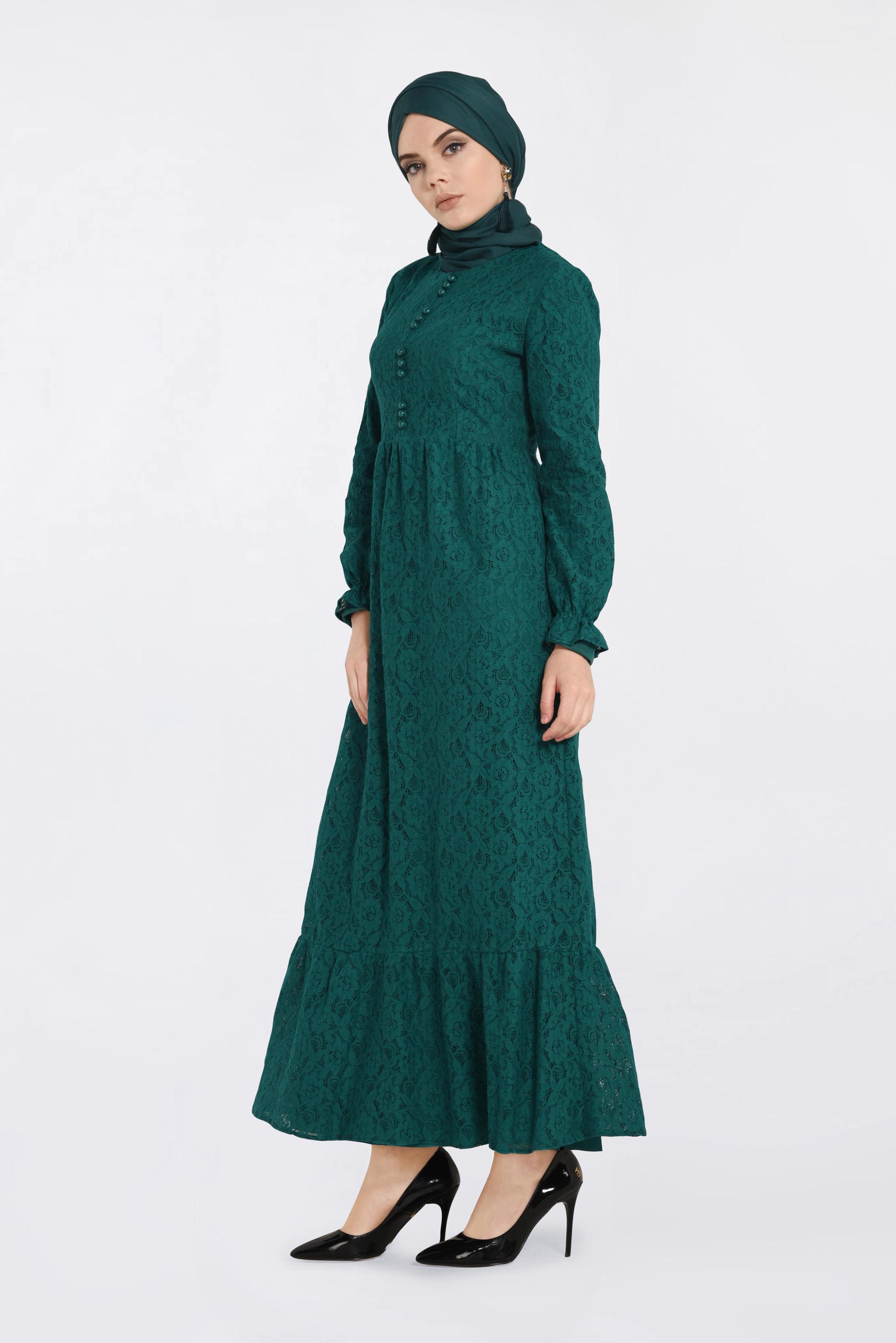 Tesettür giyim YEŞİL DANTELLİ DÜĞME DETAYLI ELBİSE 4390-1