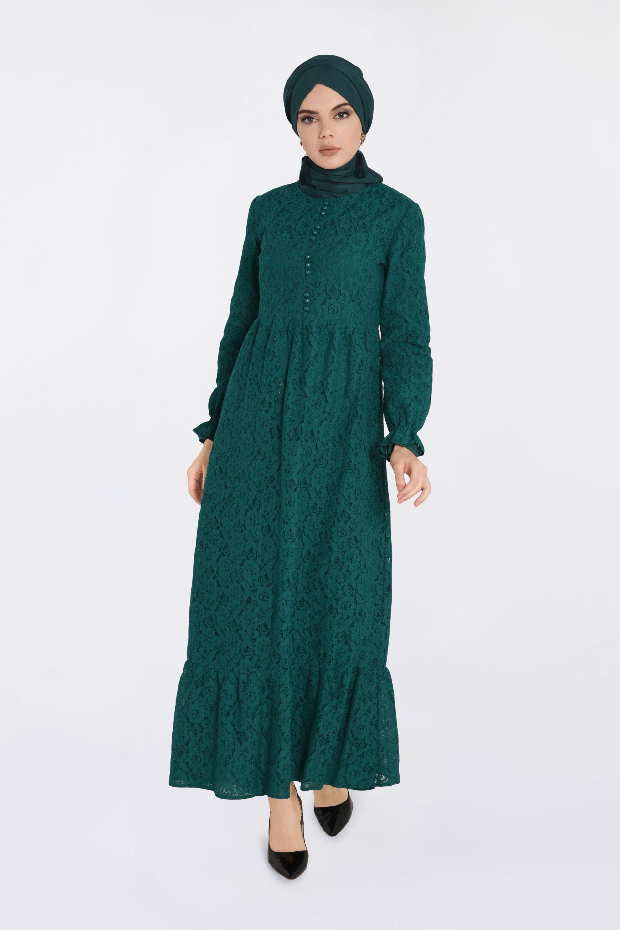 Tesettür giyim YEŞİL DANTELLİ DÜĞME DETAYLI ELBİSE 4390-1