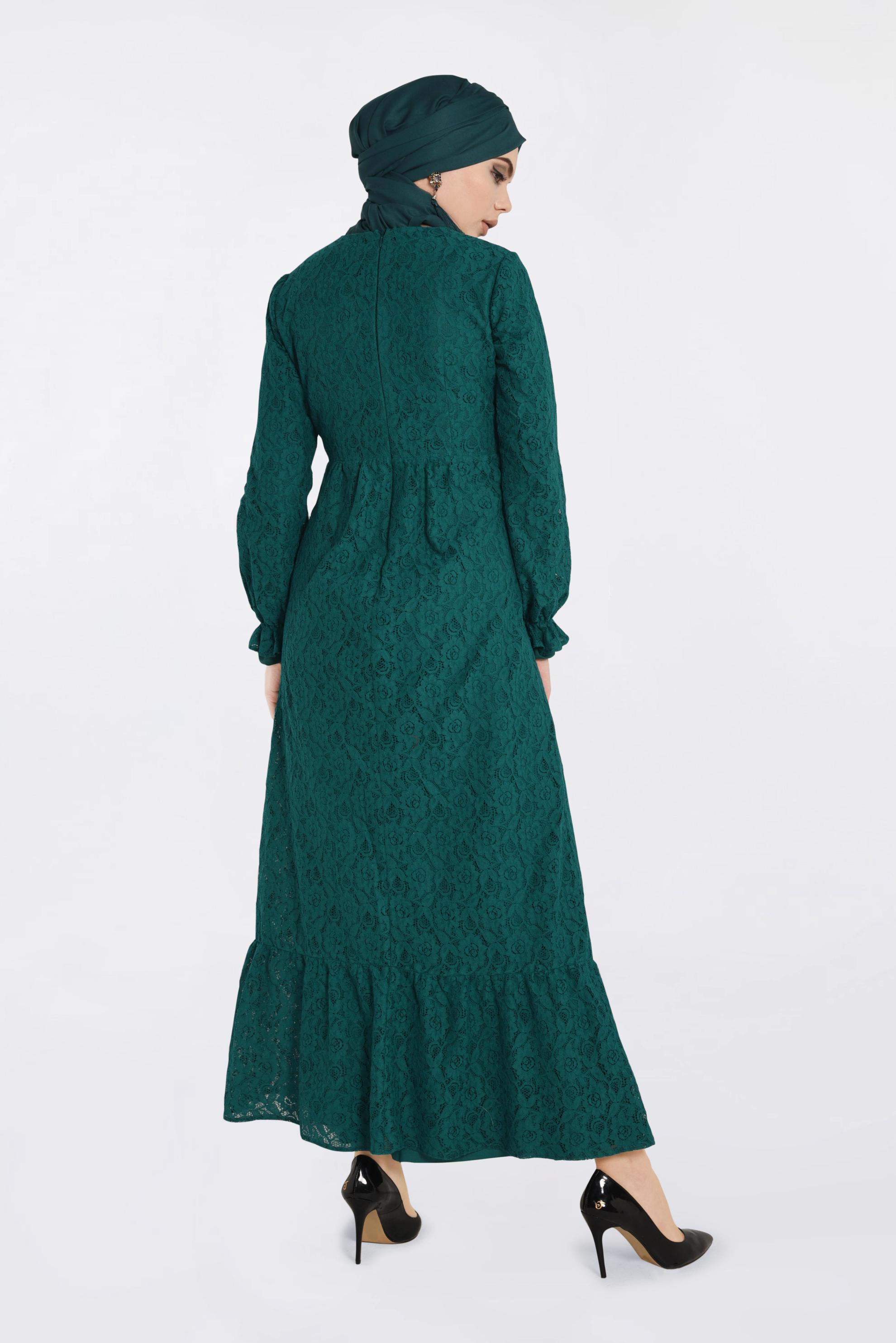 Tesettür giyim YEŞİL DANTELLİ DÜĞME DETAYLI ELBİSE 4390-1
