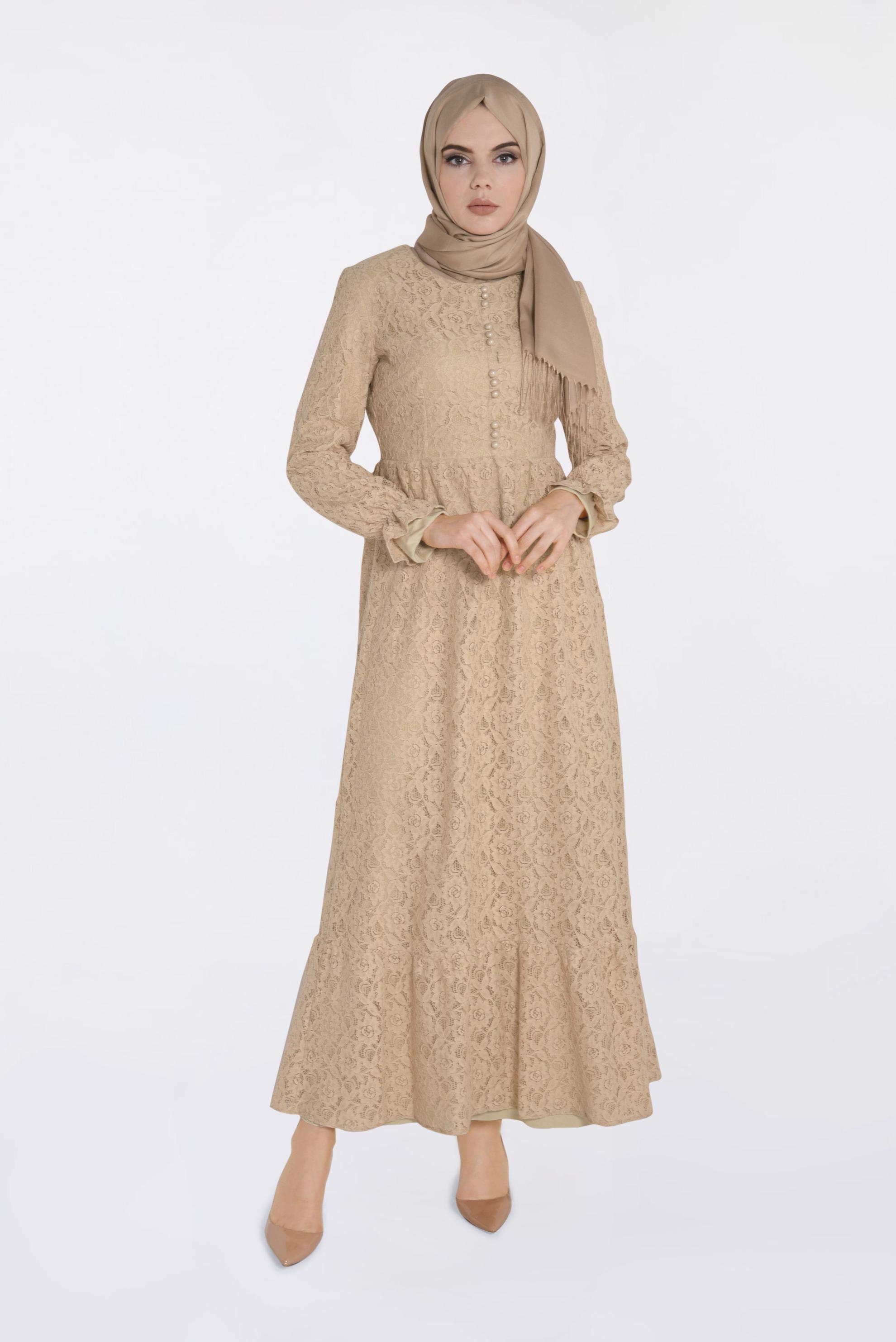 Tesettür giyim ALTIN DANTELLİ DÜĞME DETAYLI ELBİSE 4390-1