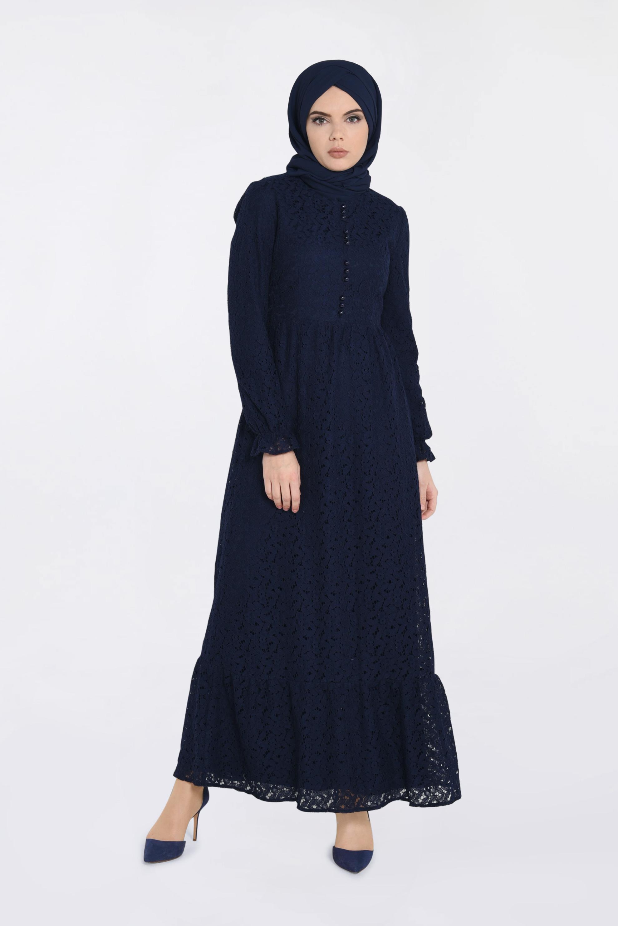 Tesettür giyim LACİVERT DANTELLİ DÜĞME DETAYLI ELBİSE 4390-1