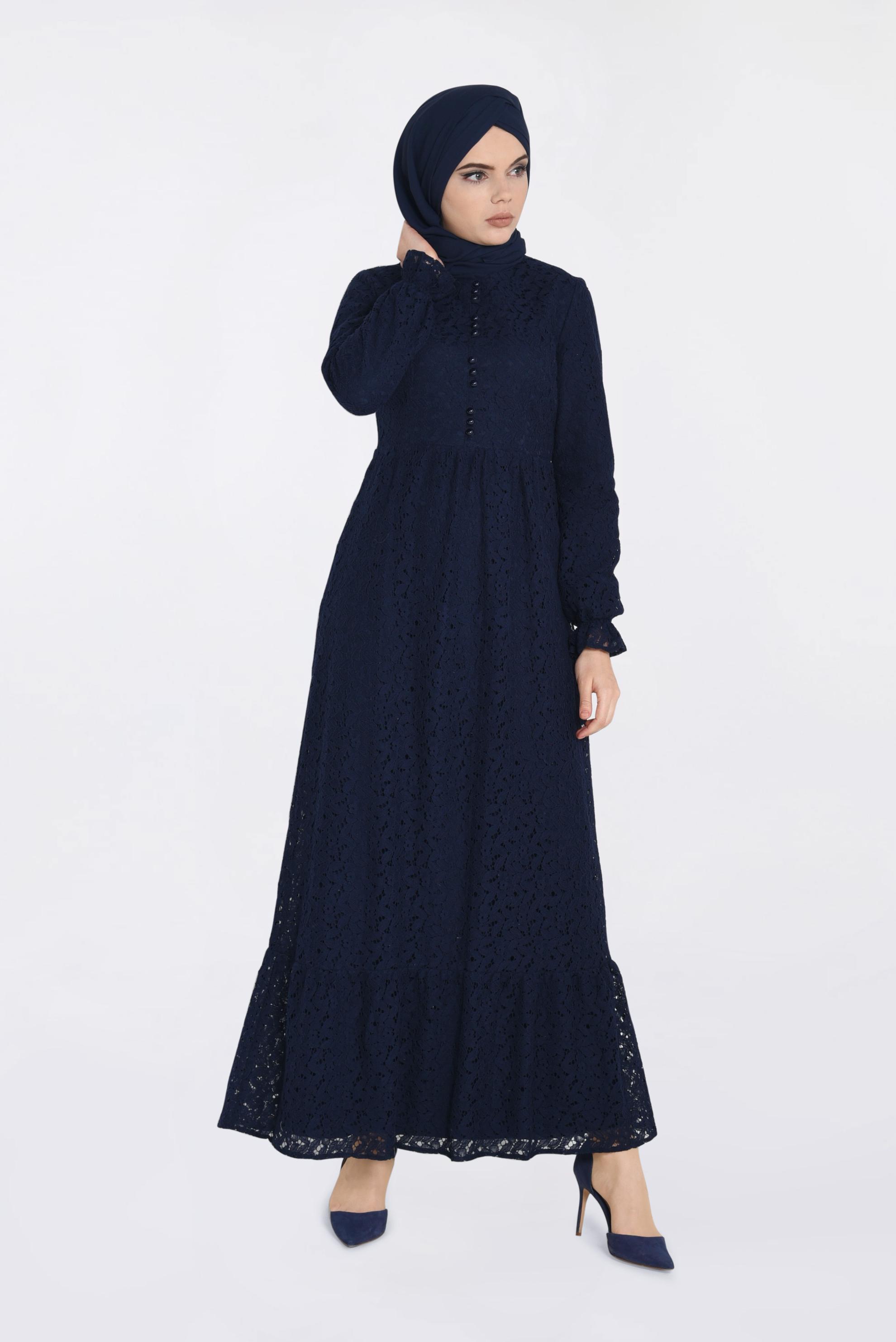 Tesettür giyim LACİVERT DANTELLİ DÜĞME DETAYLI ELBİSE 4390-1
