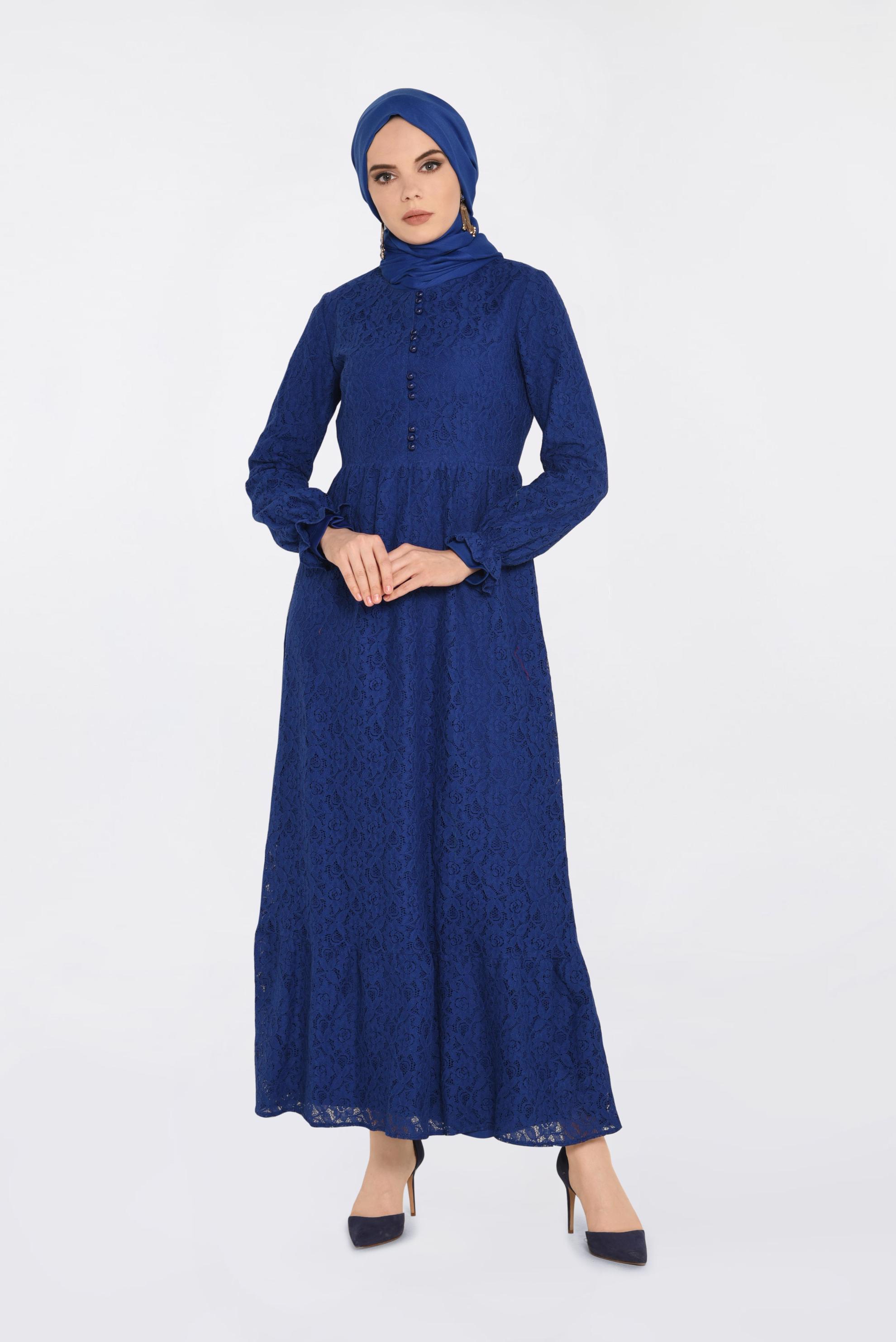 Tesettür giyim LACİVERT DANTELLİ DÜĞME DETAYLI ELBİSE 4390-1