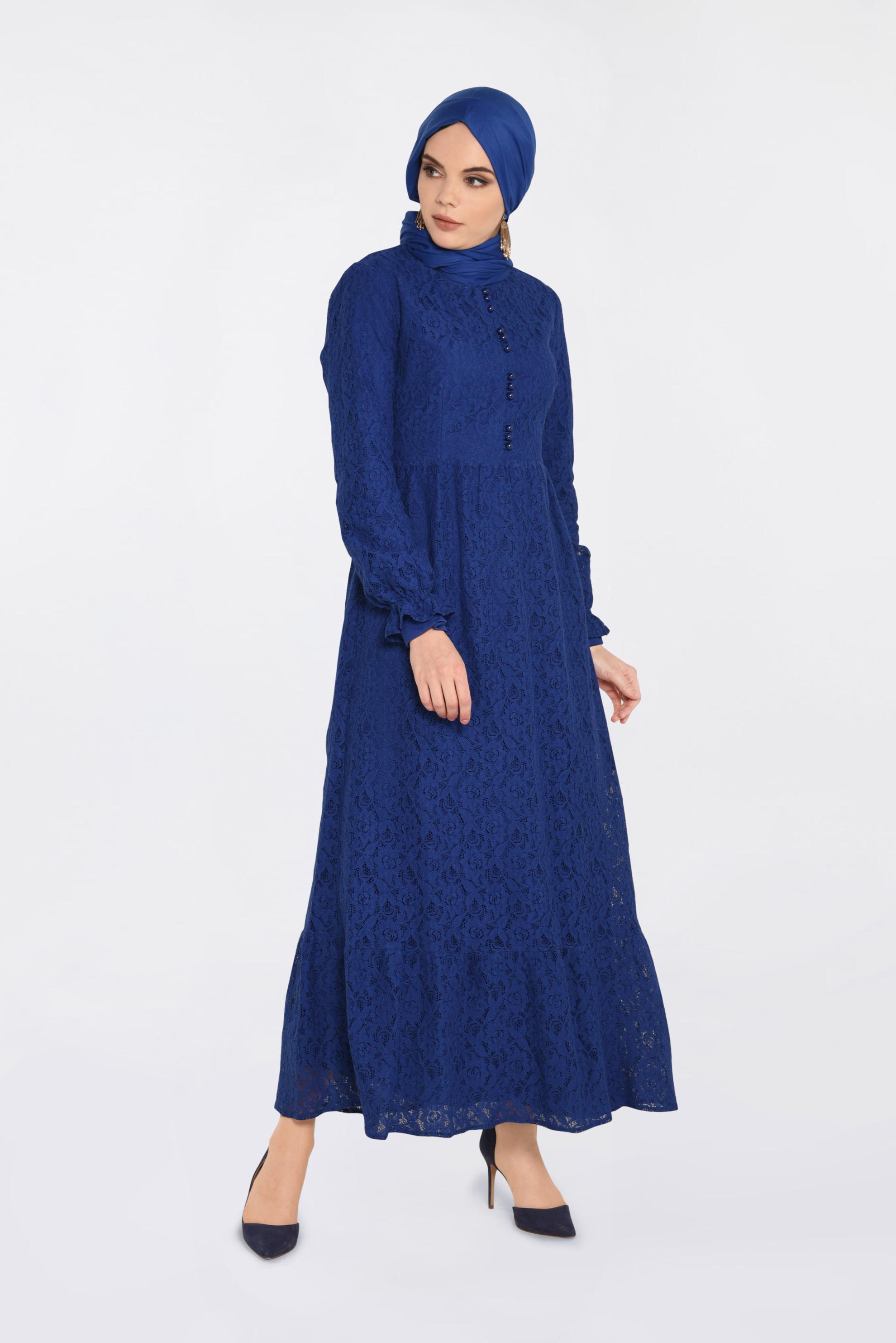Tesettür giyim LACİVERT DANTELLİ DÜĞME DETAYLI ELBİSE 4390-1