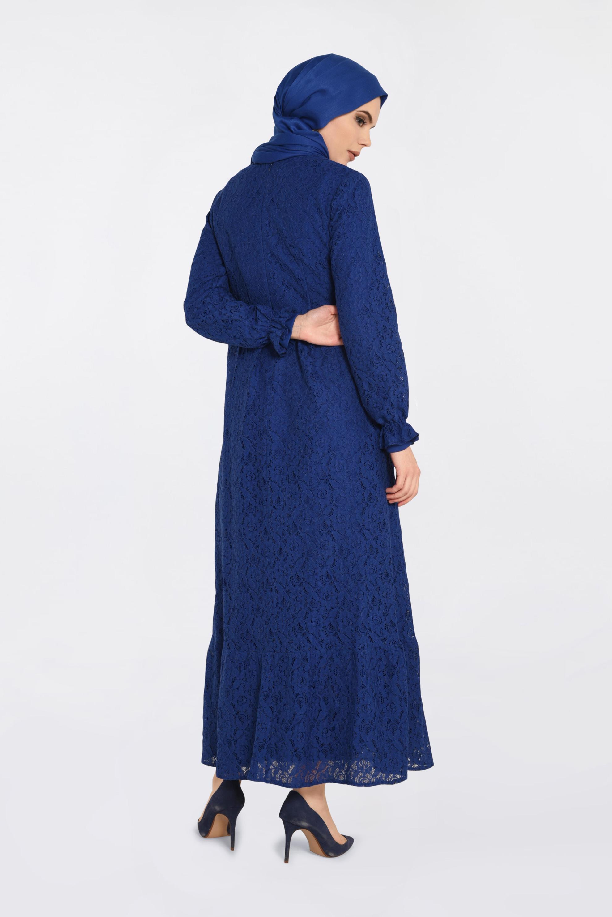 Tesettür giyim LACİVERT DANTELLİ DÜĞME DETAYLI ELBİSE 4390-1
