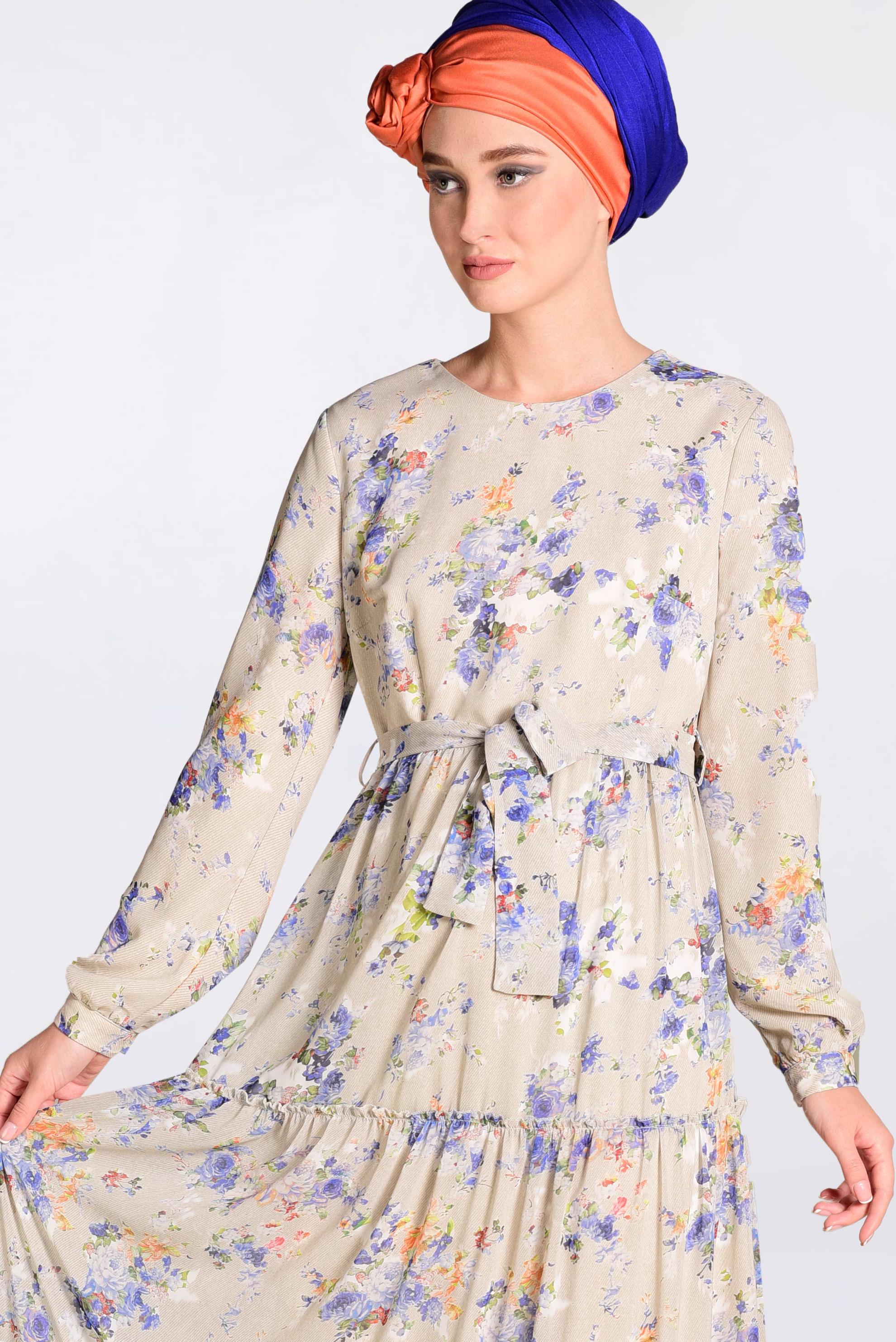 Tesettür giyim BEJ FLORAL DESENLİ KUŞAKLI ELBİSE 4393-1