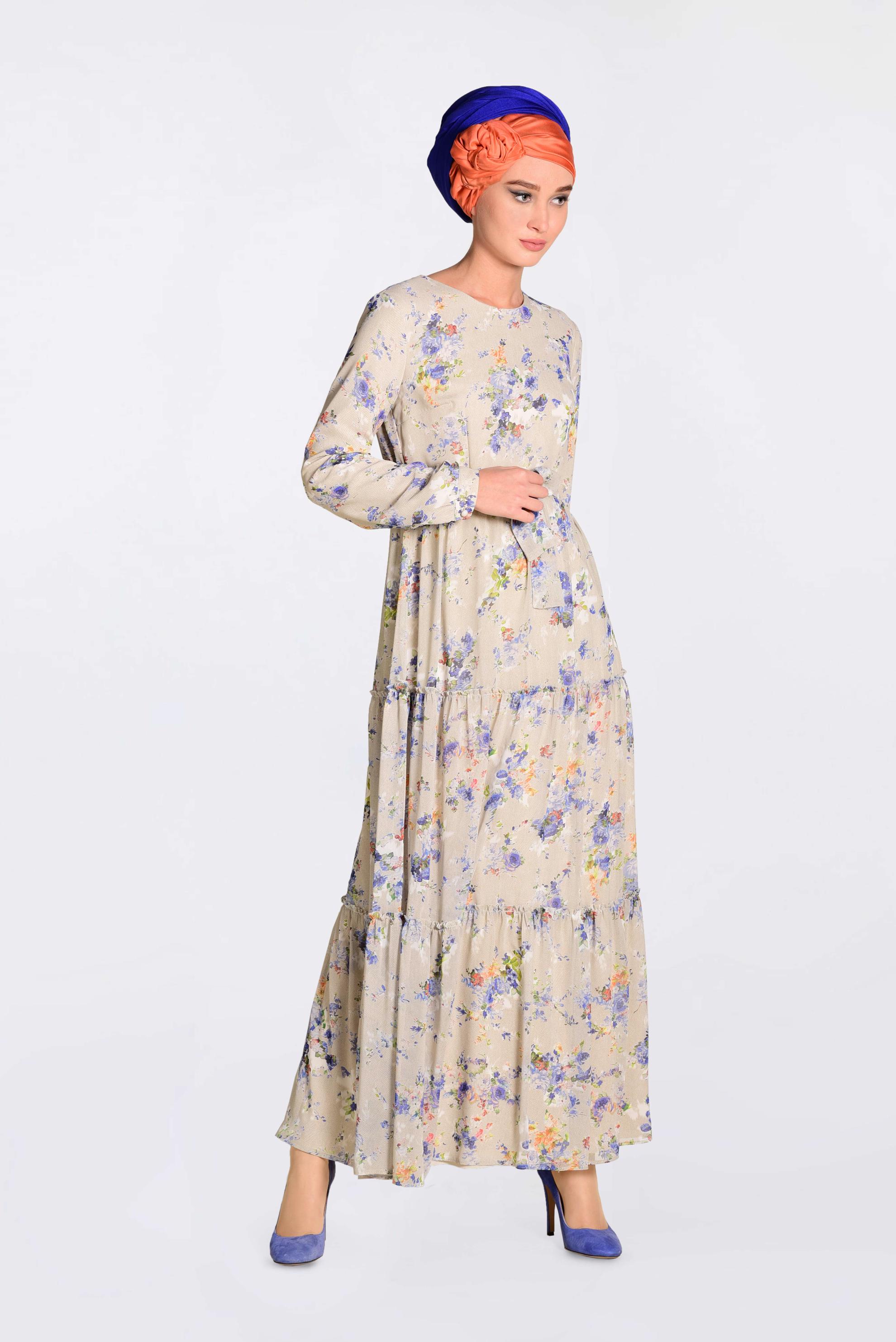 Tesettür giyim BEJ FLORAL DESENLİ KUŞAKLI ELBİSE 4393-1