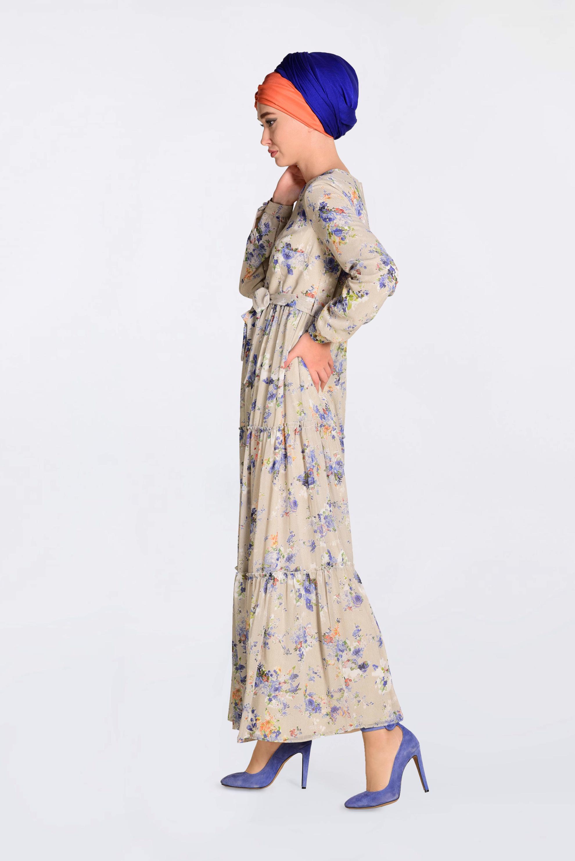 Tesettür giyim BEJ FLORAL DESENLİ KUŞAKLI ELBİSE 4393-1