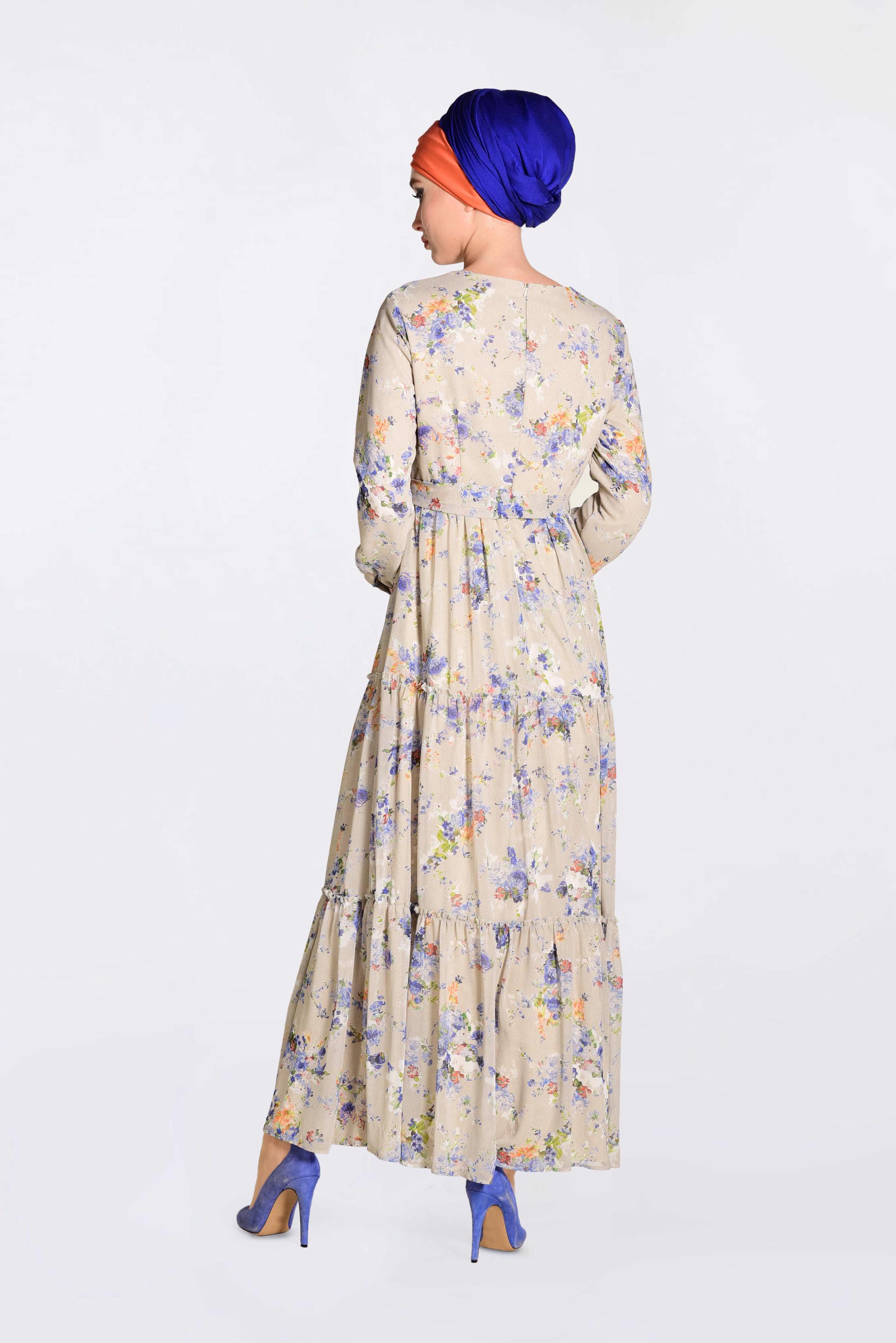 Tesettür giyim BEJ FLORAL DESENLİ KUŞAKLI ELBİSE 4393-1