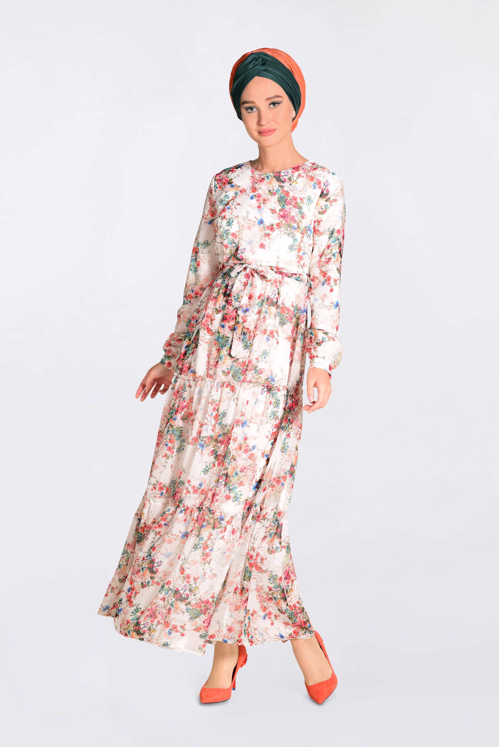 Tesettür giyim BEJ FLORAL DESENLİ KUŞAKLI ELBİSE 4393-1
