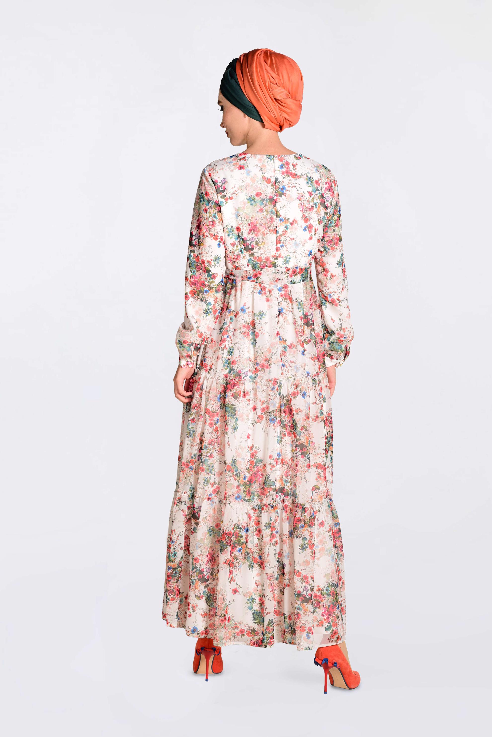 Tesettür giyim BEJ FLORAL DESENLİ KUŞAKLI ELBİSE 4393-1